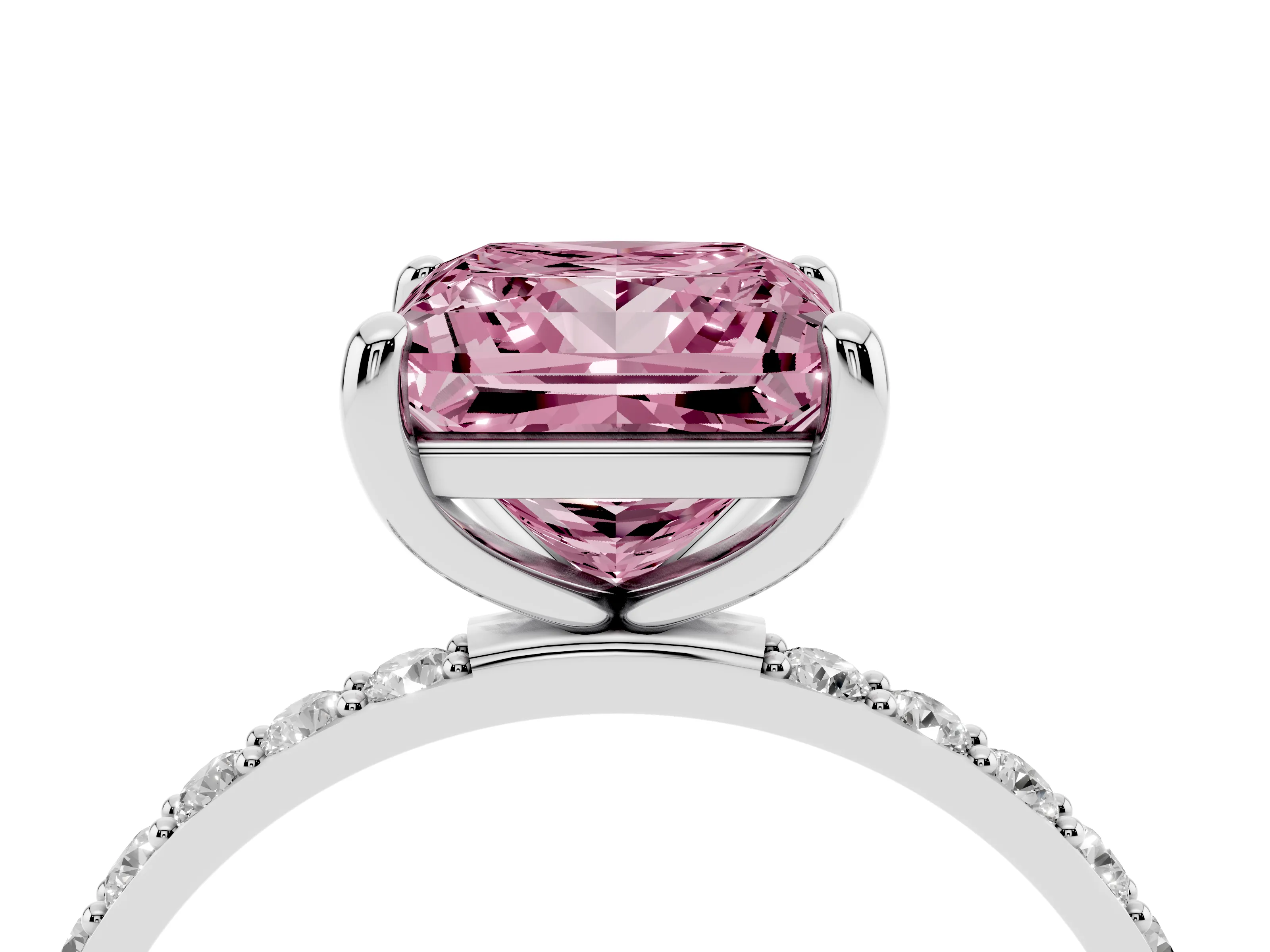 Fancy Pink Princess Cut Diamond Solitaire Ring Set in White gold with Round Pavé Band and Prong Setting