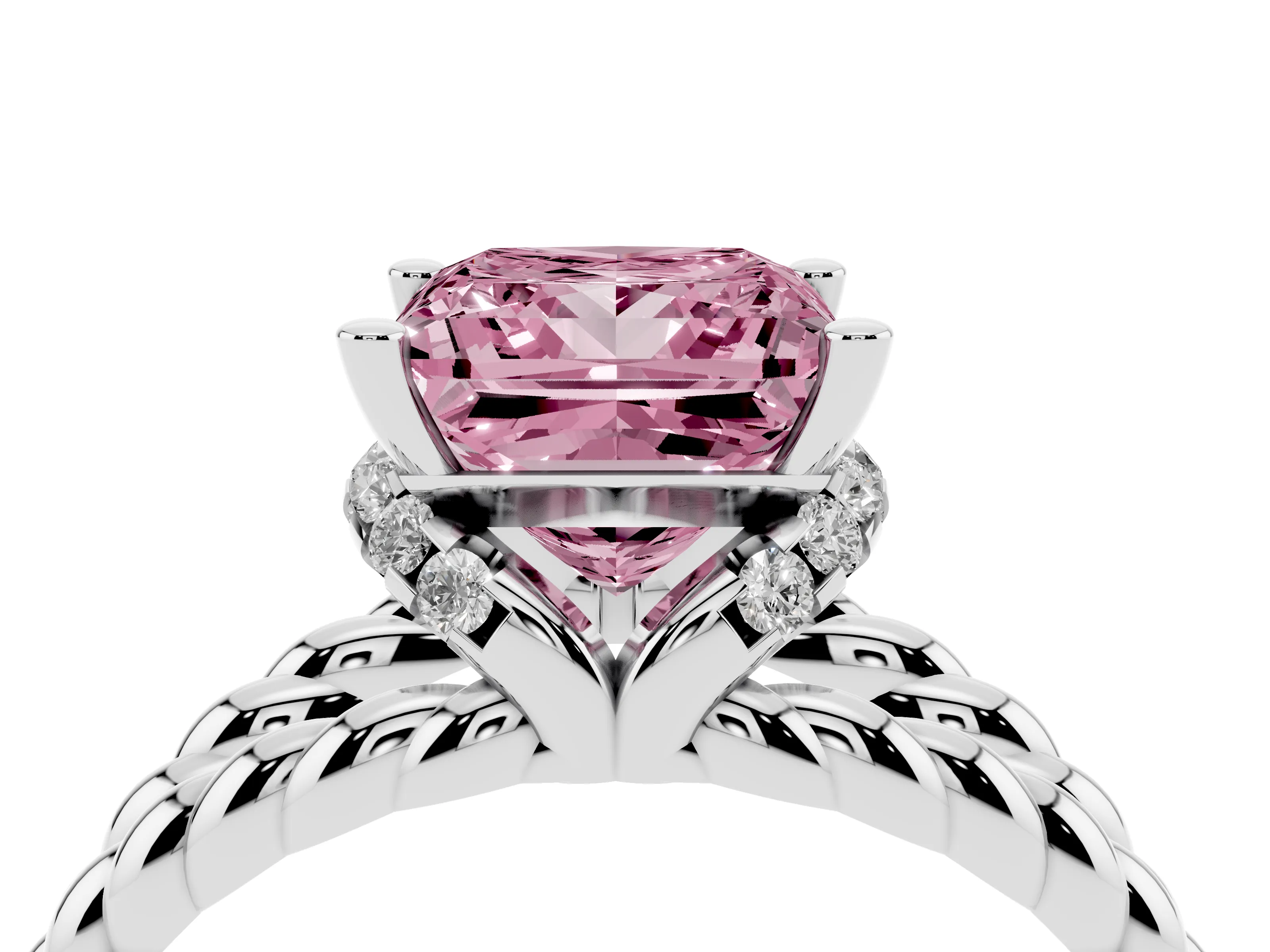 Fancy Pink Princess Cut Diamond Halo Ring Set in White gold with Twisted Band and Prong Setting