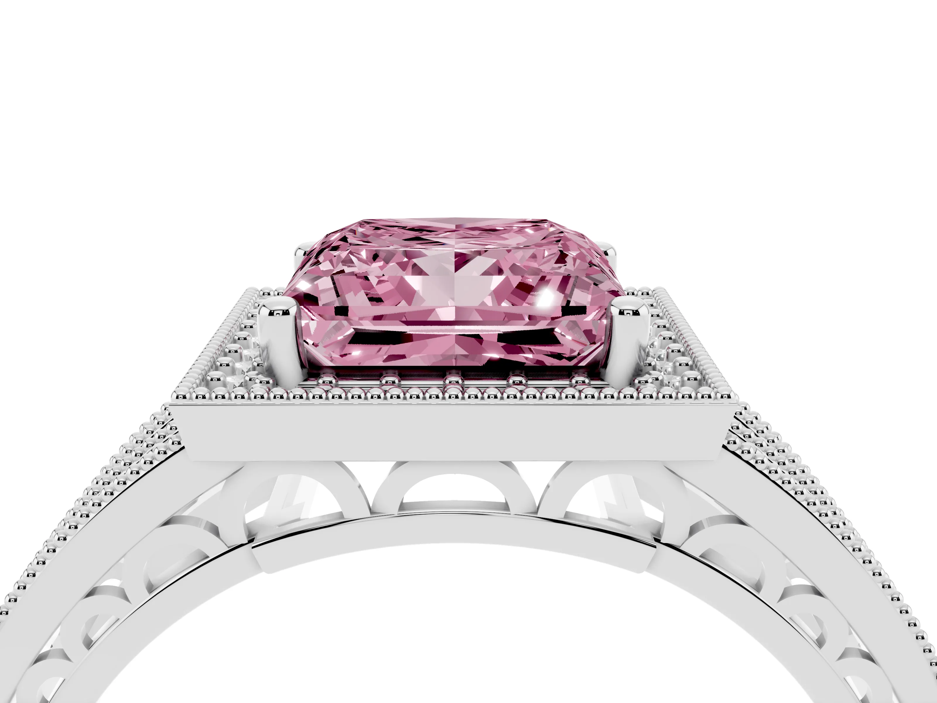 Fancy Pink Princess Cut Diamond Halo Ring Set in Platinum with Accent Split Shank and Prong Setting