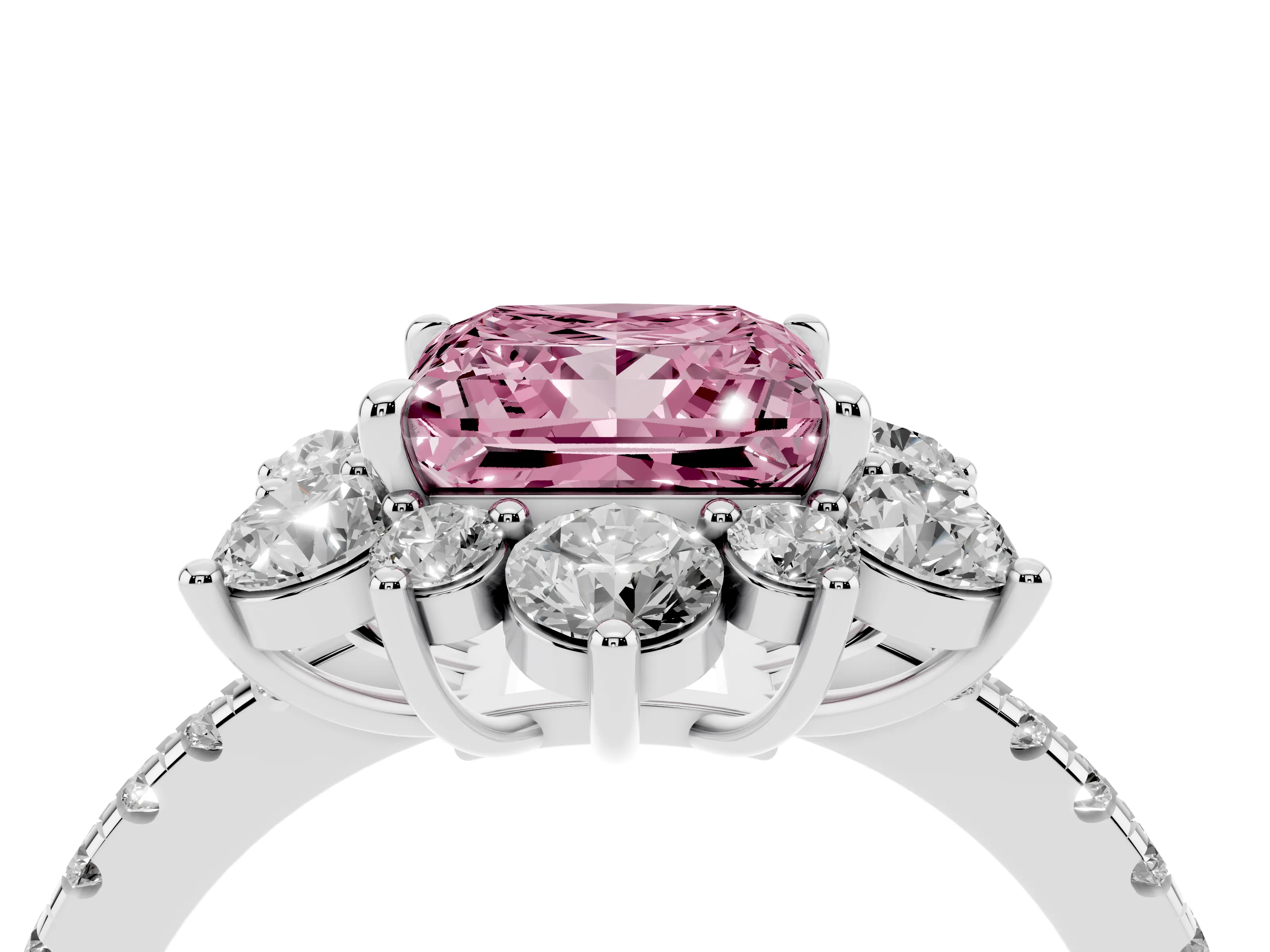 Fancy Pink Princess Cut Diamond Floral Halo Ring Set in White gold with Round Pavé Band and Prong Setting