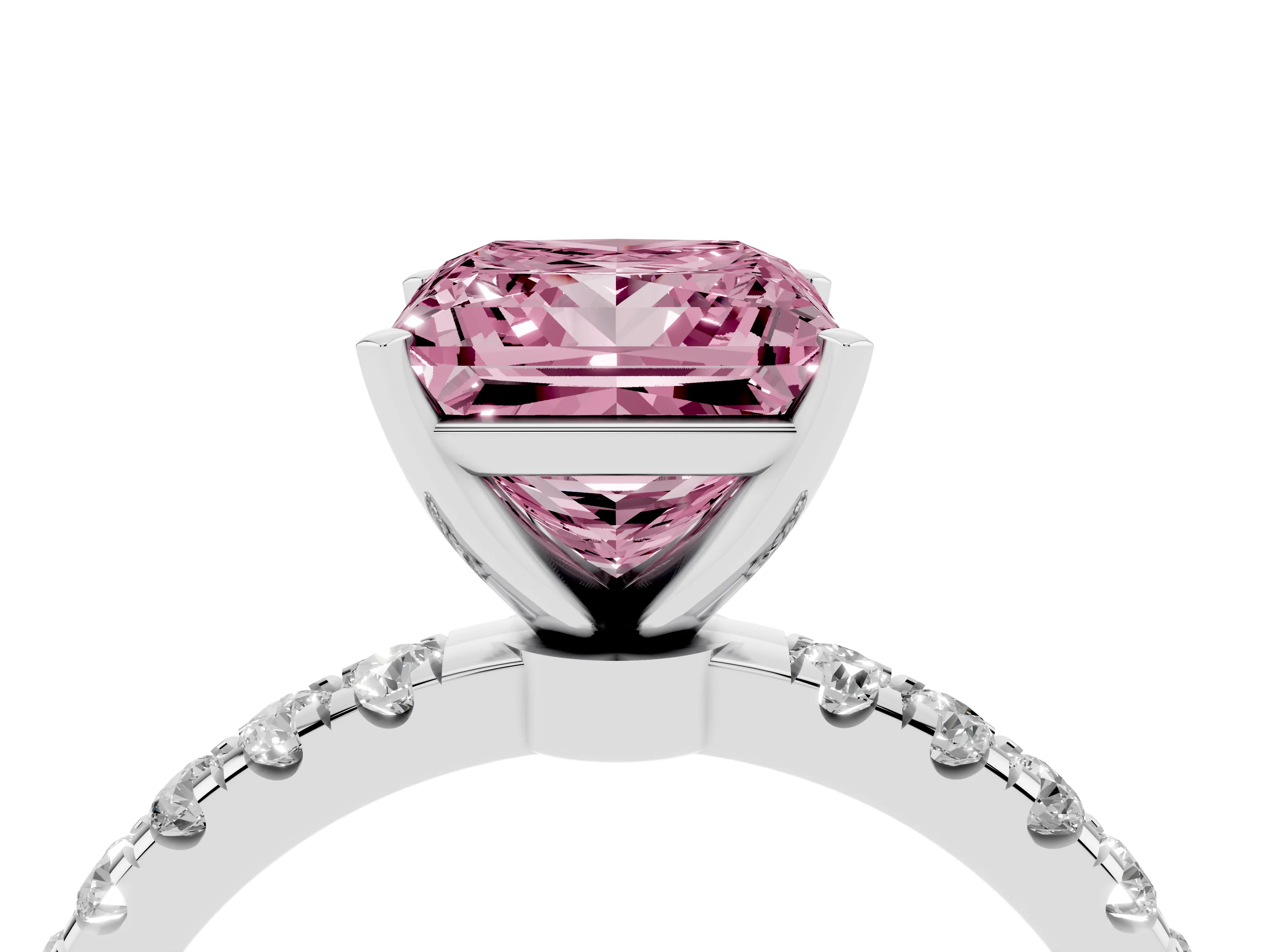 Fancy Pink Princess Cut Diamond Solitaire Ring Set in Silver with Pavé Accents and Prong Setting
