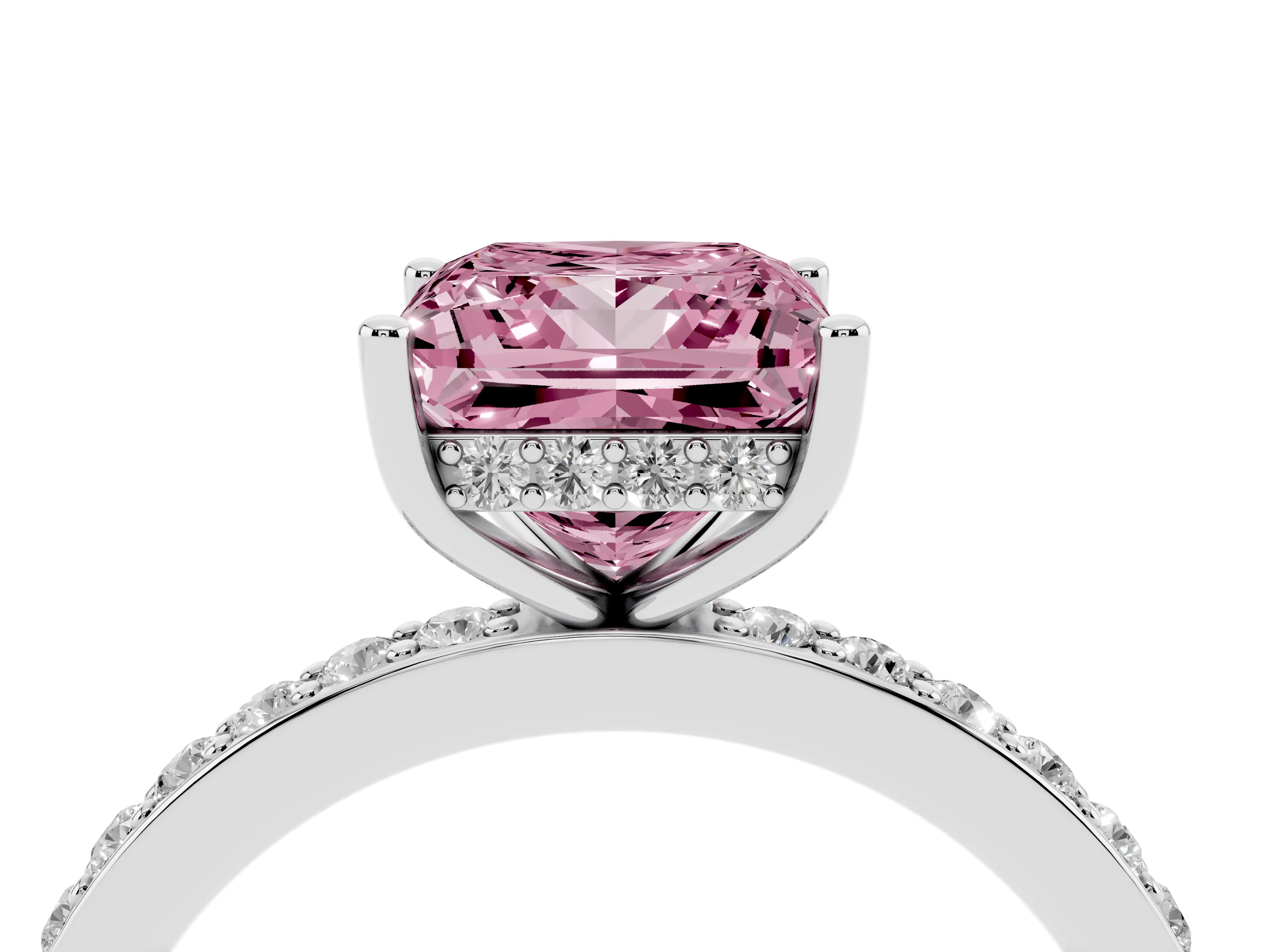 Fancy Pink Princess Cut Diamond Pavé Band Ring Set in Platinum with Prong-Set Center Stone