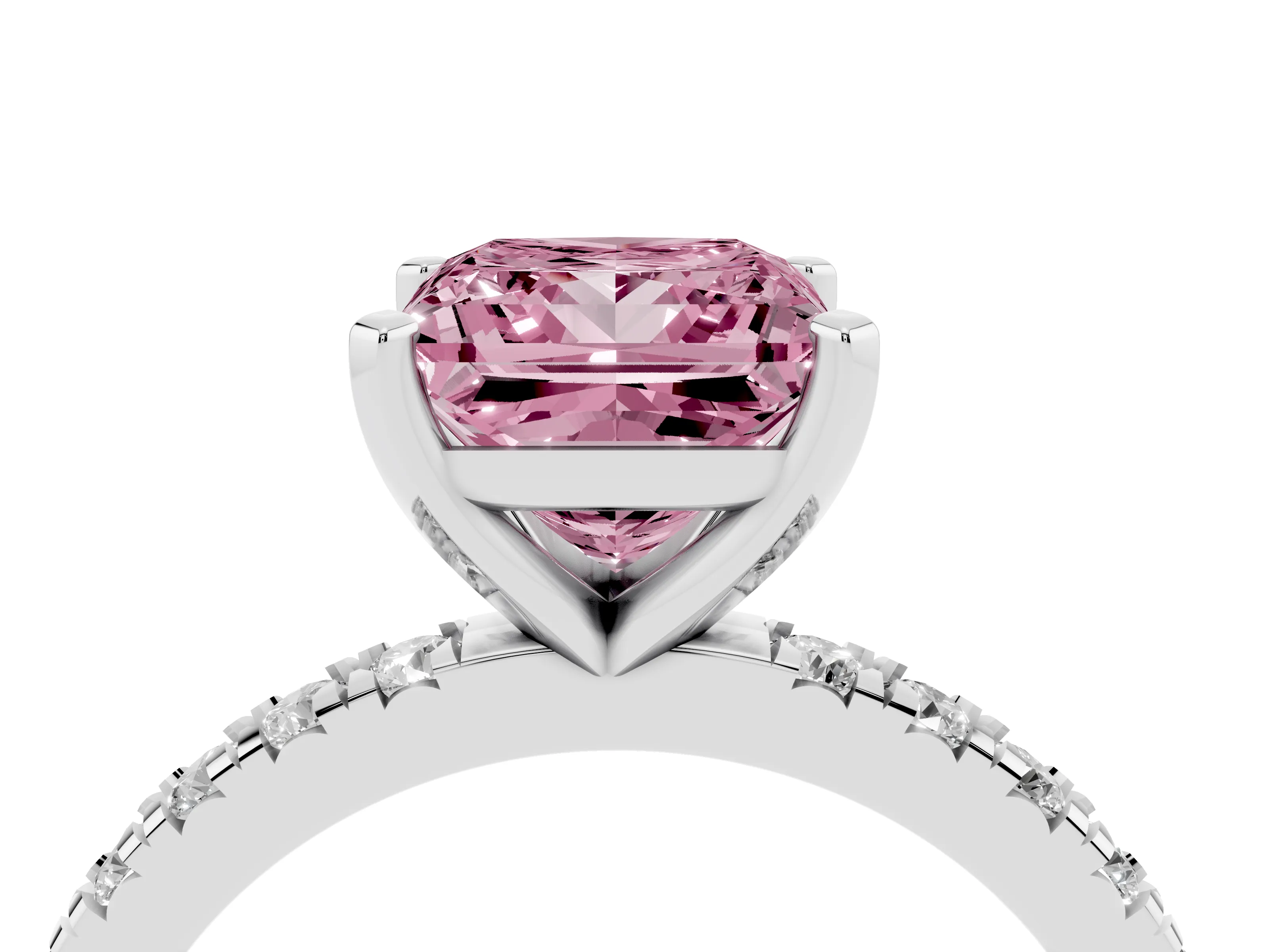 Fancy Pink Princess Cut Diamond Pavé Band Solitaire Set in Platinum with Prong Setting