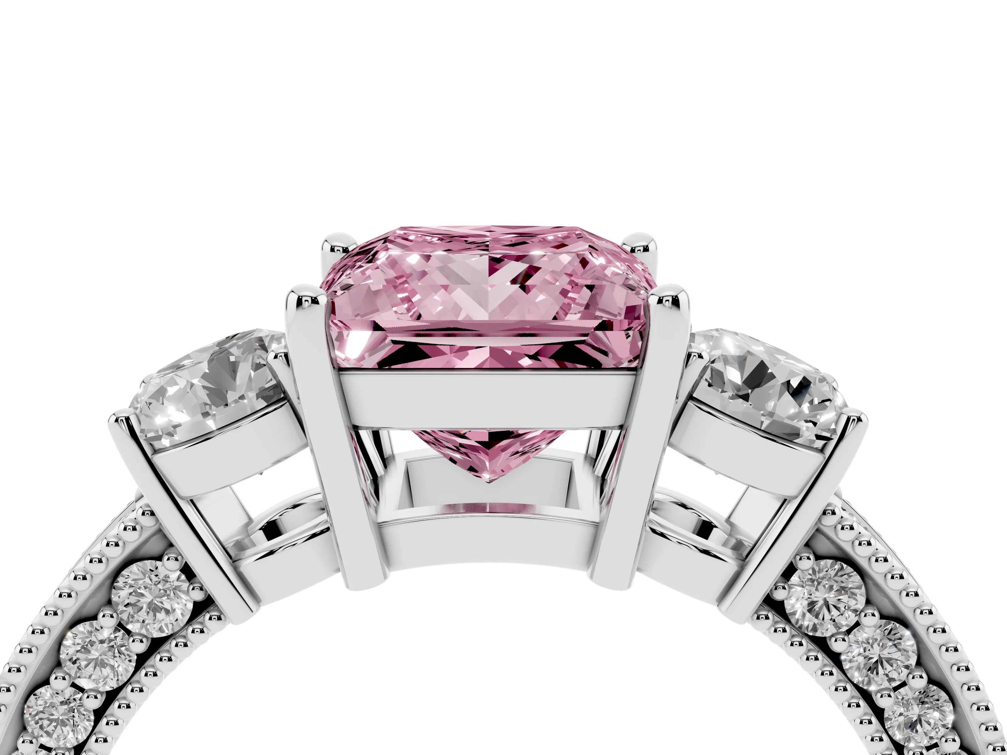 Fancy Pink Princess Cut Diamond Three-Stone Ring Set in Platinum with Round Side Stones and Pavé Band