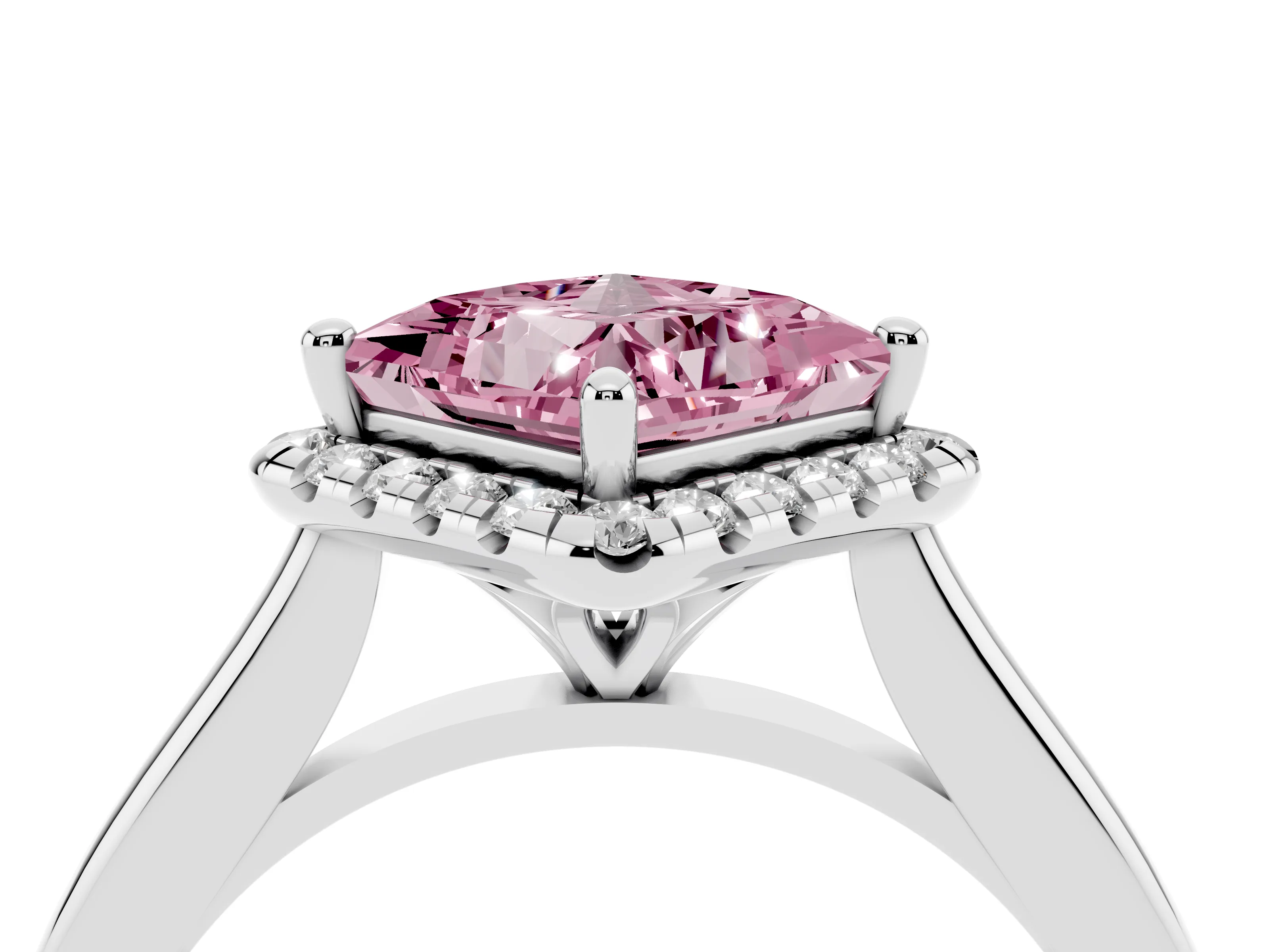 Fancy Pink Princess Cut Diamond Halo Engagement Ring Set in Platinum with Pavé Band and Rising Shoulders