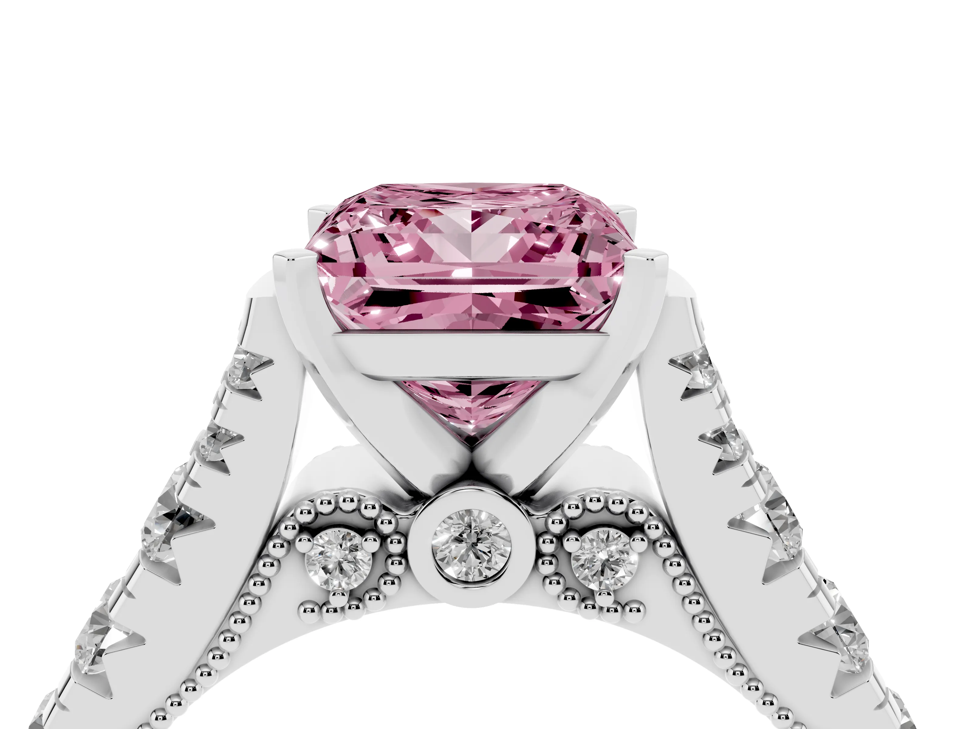 Fancy Pink Princess Cut Diamond Classic Solitaire Ring Set in Silver with Pavé Band and Prong Setting