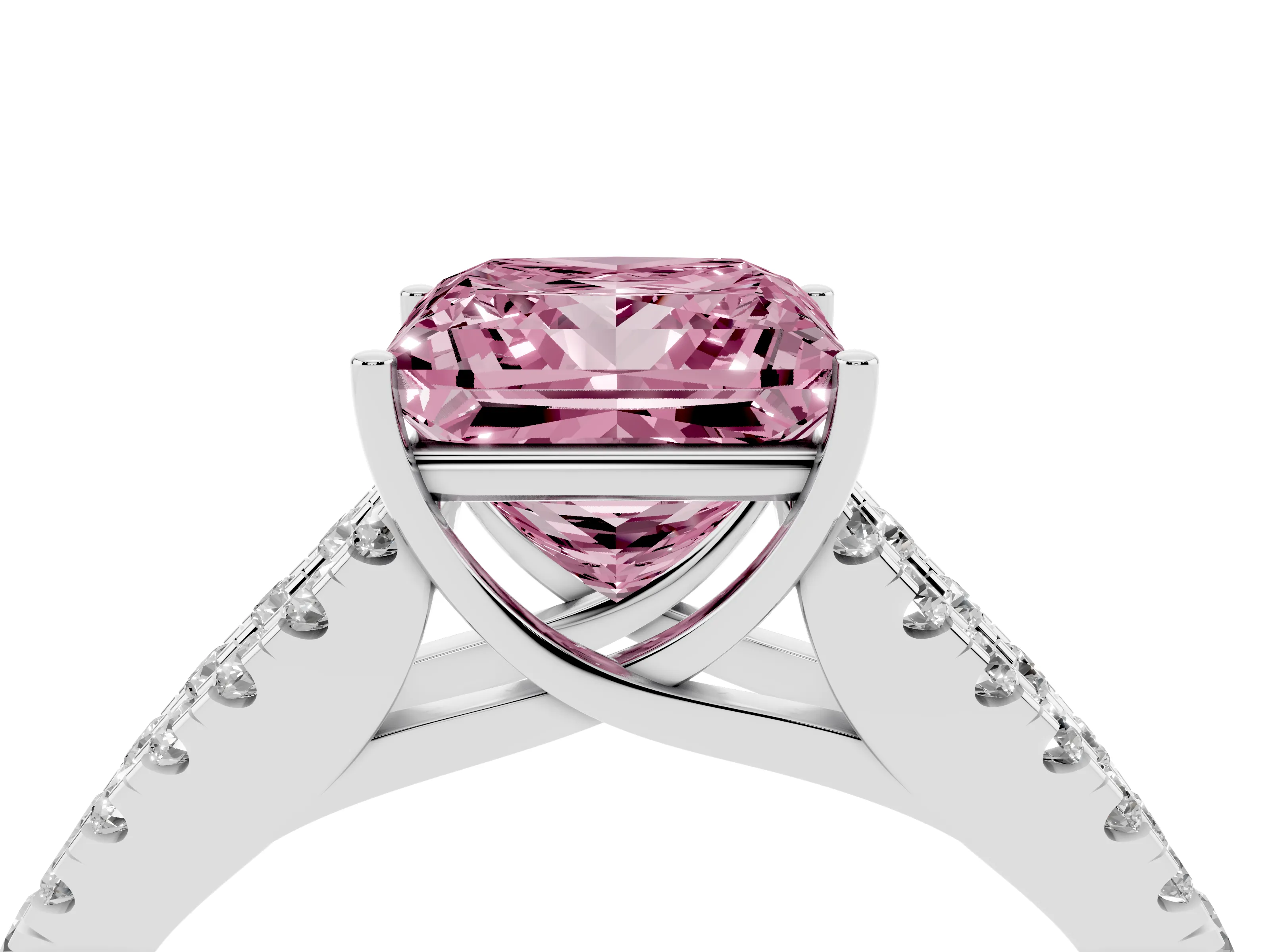 Fancy Pink Princess Cut Diamond Split Shank Pavé Engagement Ring Set in Platinum with Prong-Held Center Stone