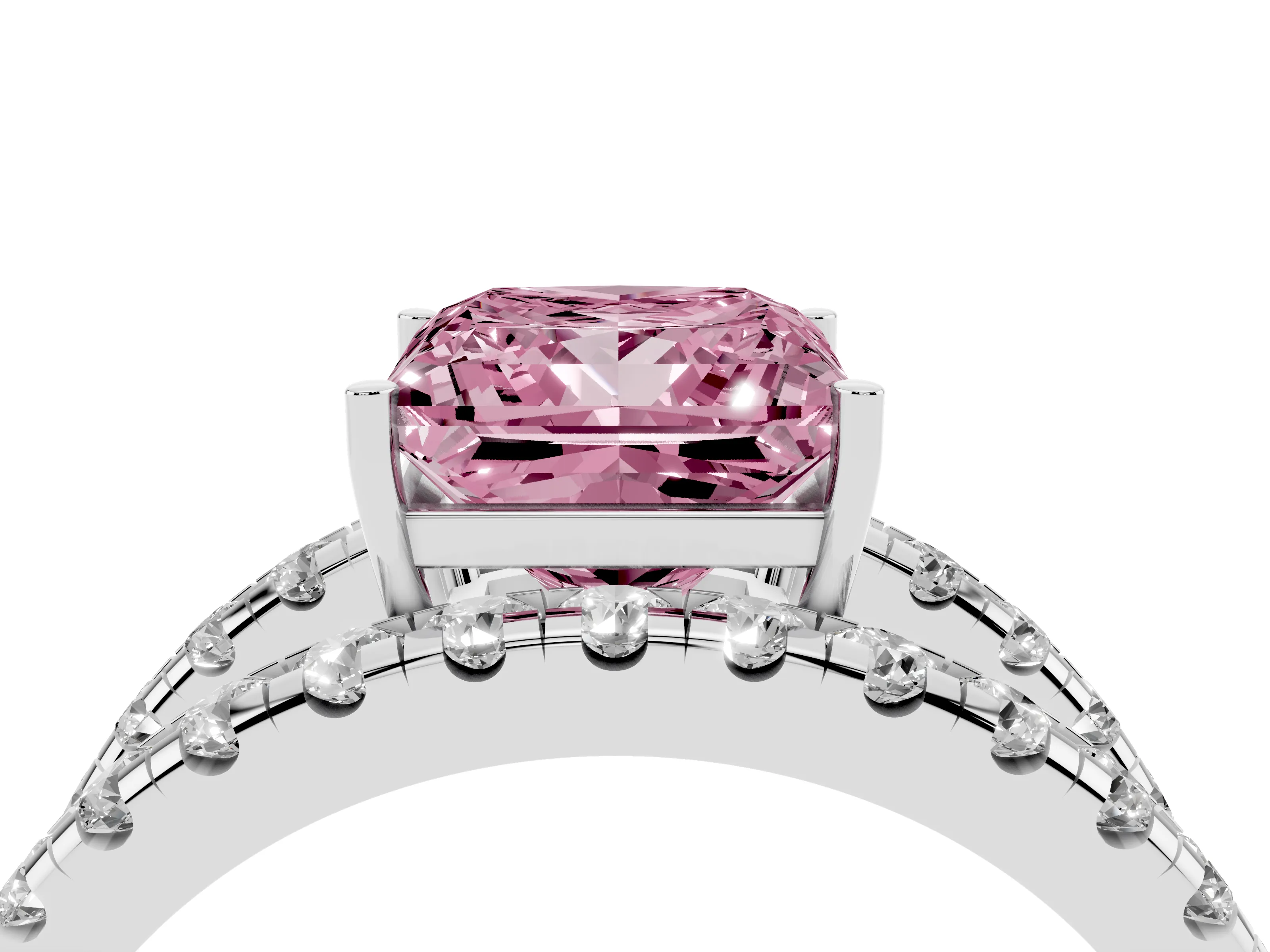 Fancy Pink Princess Cut Diamond Split Shank Pavé Solitaire Ring Set in Platinum with Open Shank Design