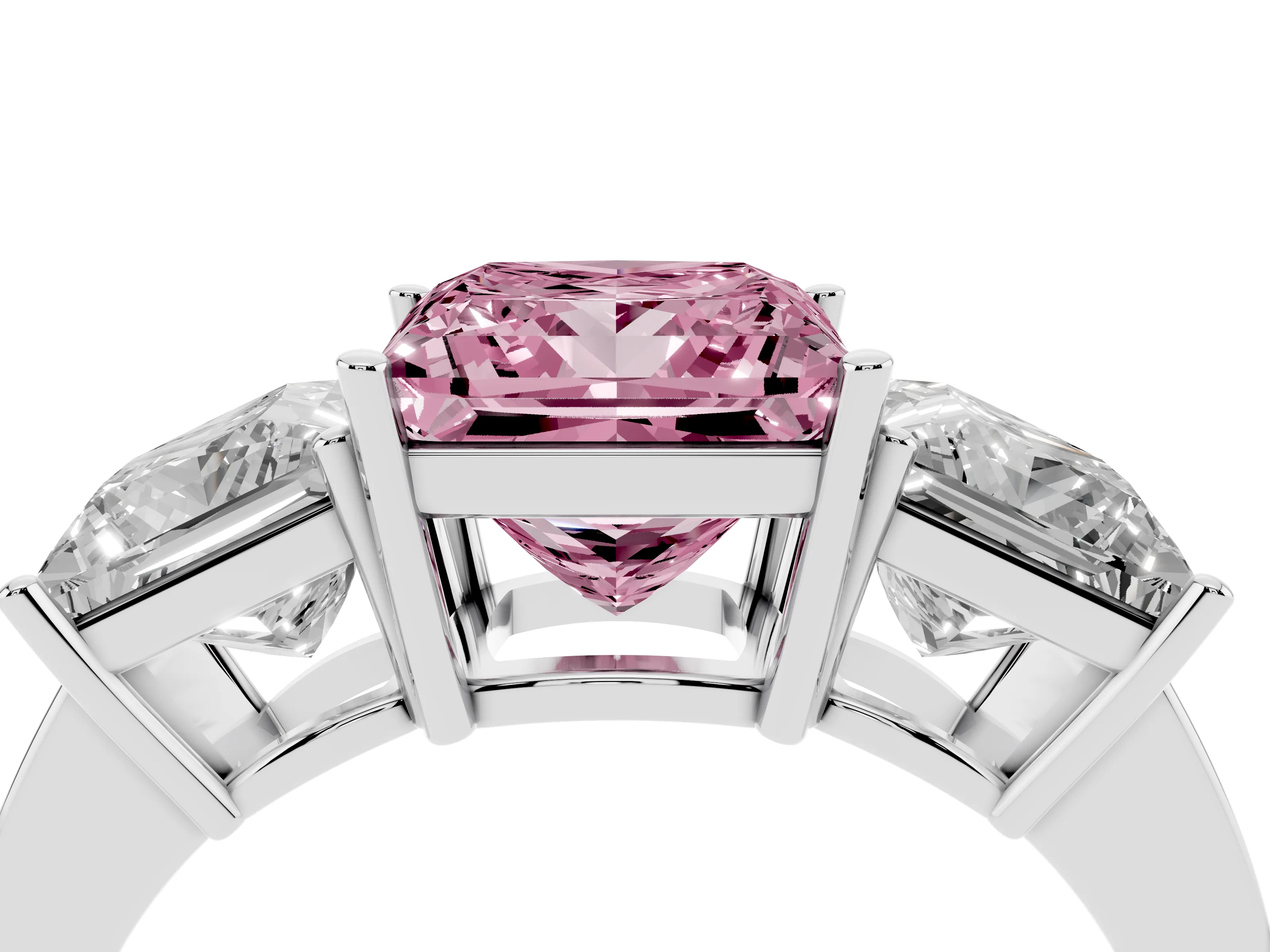 Fancy Pink Princess Cut Diamond Three-Stone Engagement Ring Set in Platinum with Flat Band