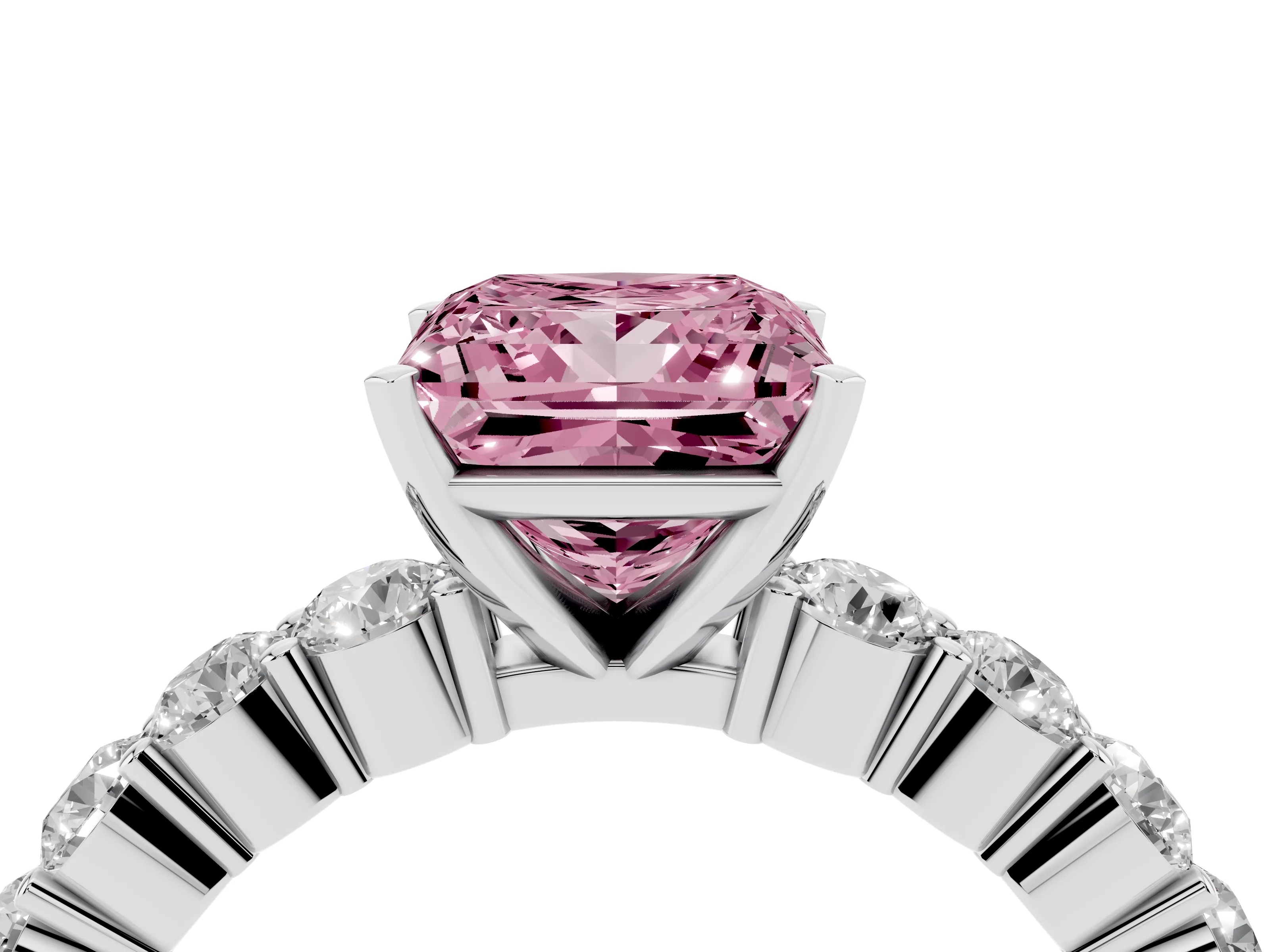 Fancy Pink Princess Cut Diamond Solitaire Ring Set in Platinum with Shared Prong Round Side Stones