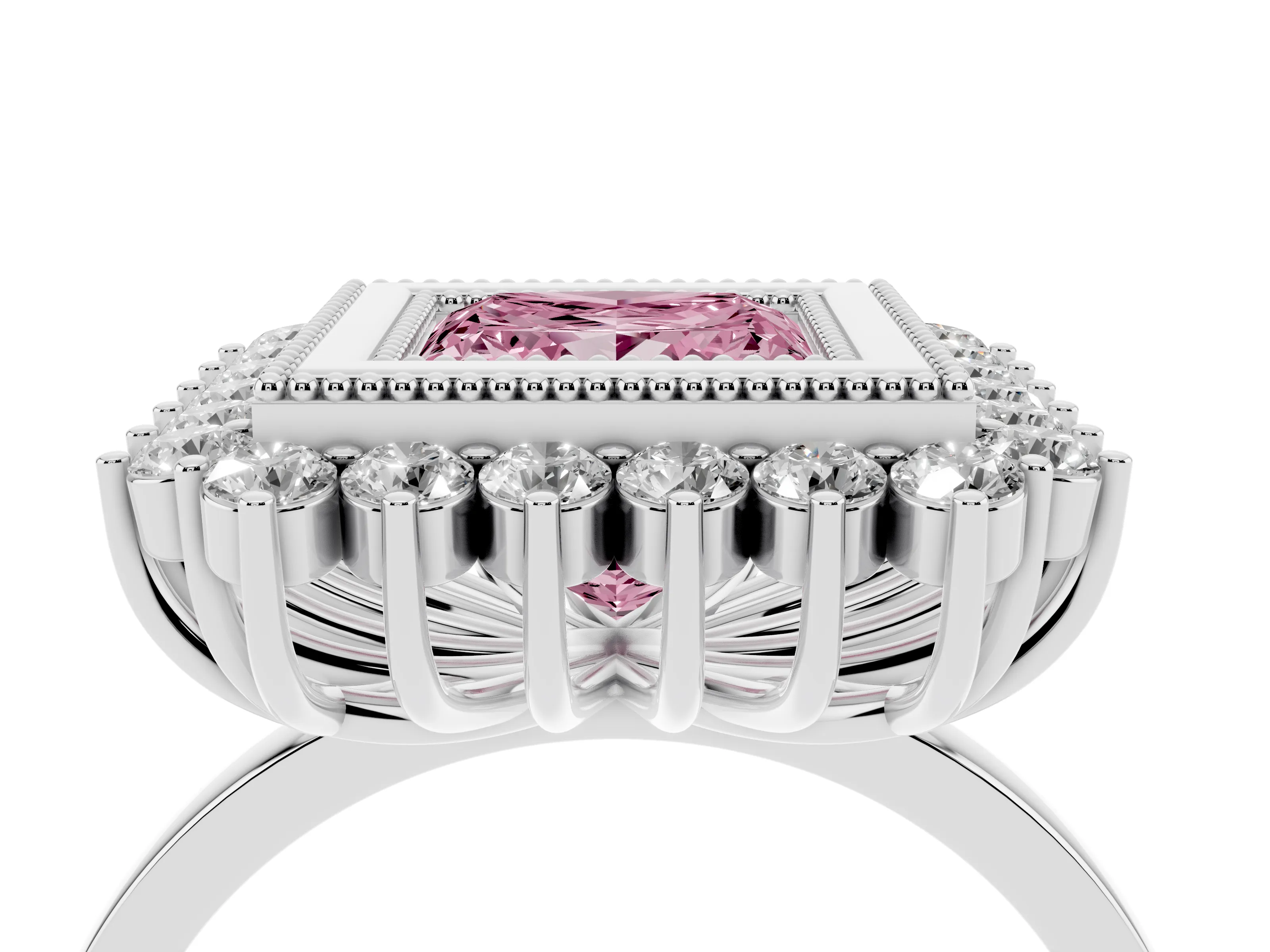 Fancy Pink Princess Cut Diamond Halo Ring Set in Platinum with Milgrain Edge and Round Prong Setting