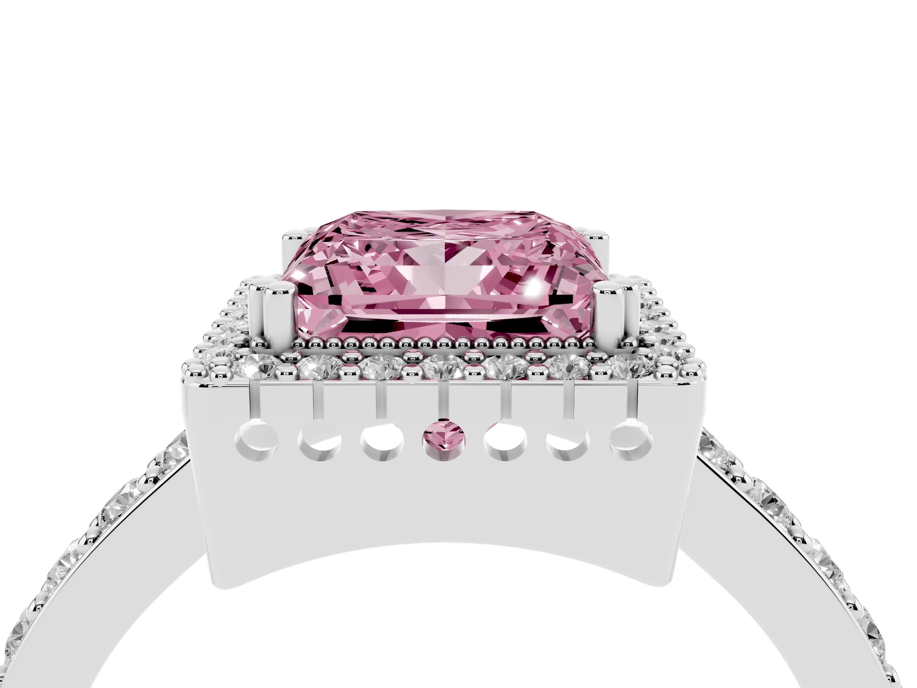 Fancy Pink Princess Cut Diamond Halo Engagement Ring Set in White gold with Milgrain Detail and Pavé Band