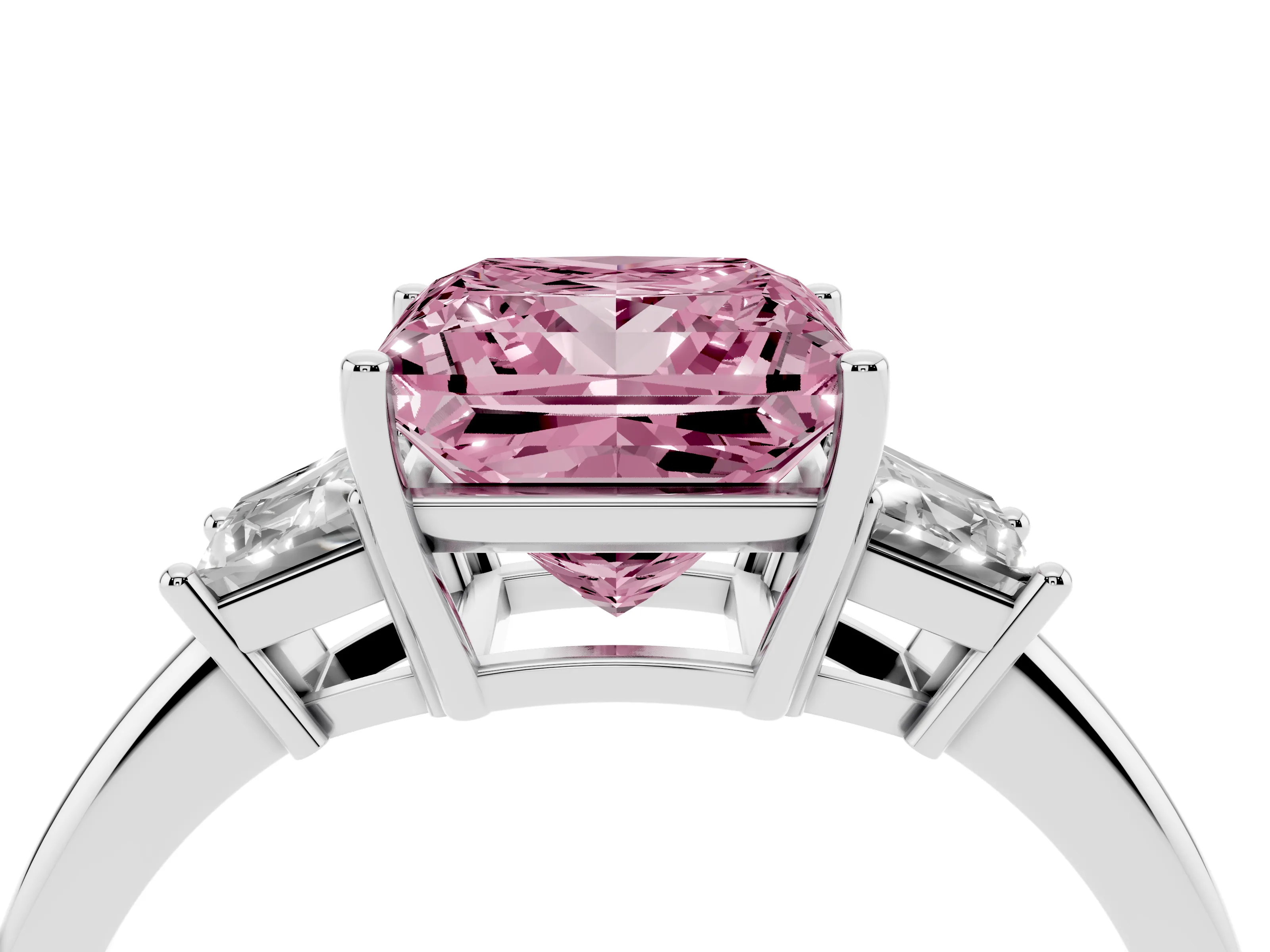 Fancy Pink Princess Cut Diamond Three-Stone Ring Set in Silver with Trapezoid Side Stones and Prong Setting