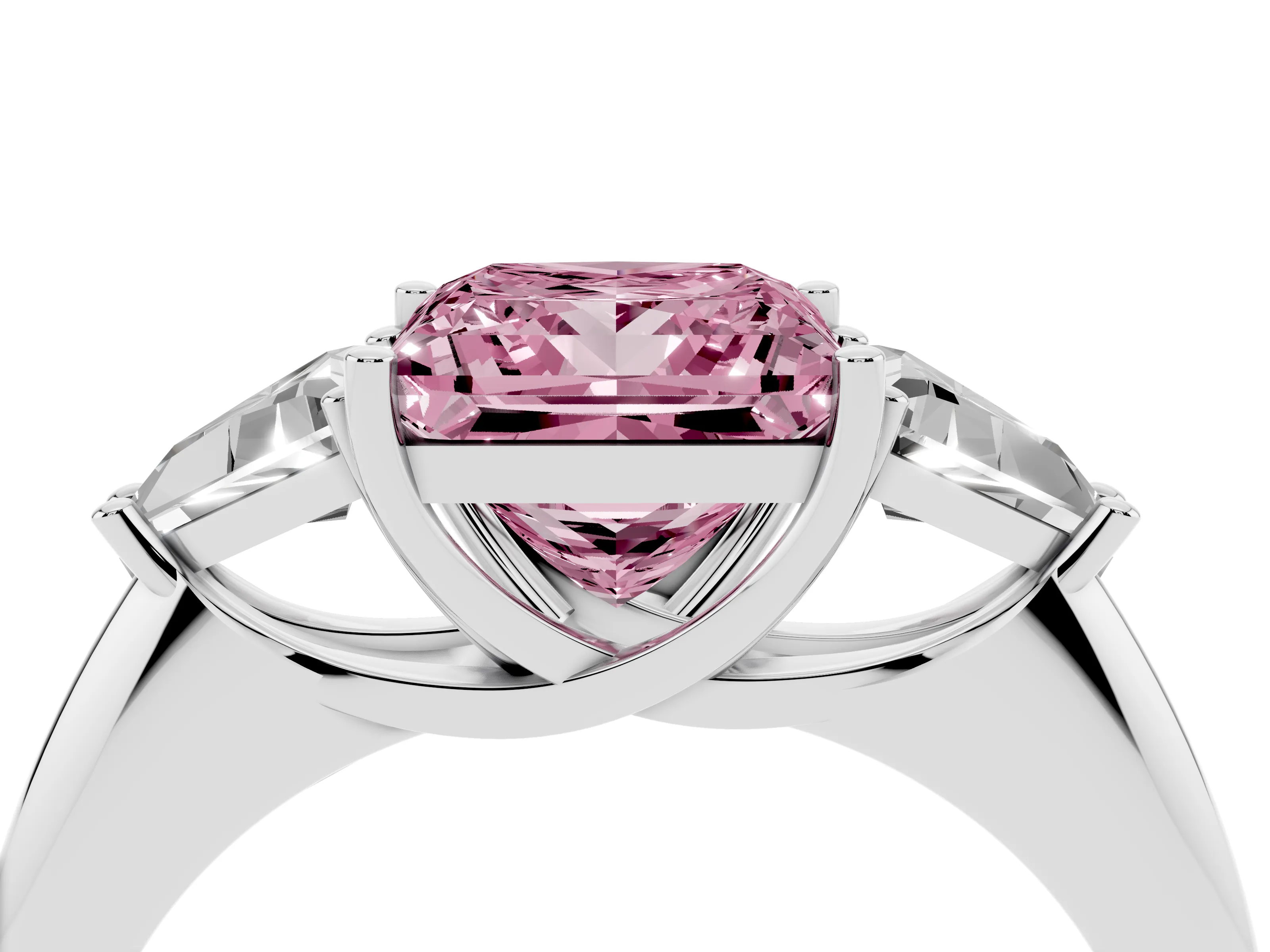 Fancy Pink Princess Cut Diamond Three-Stone Engagement Ring Set in Silver with Trillion Side Stones