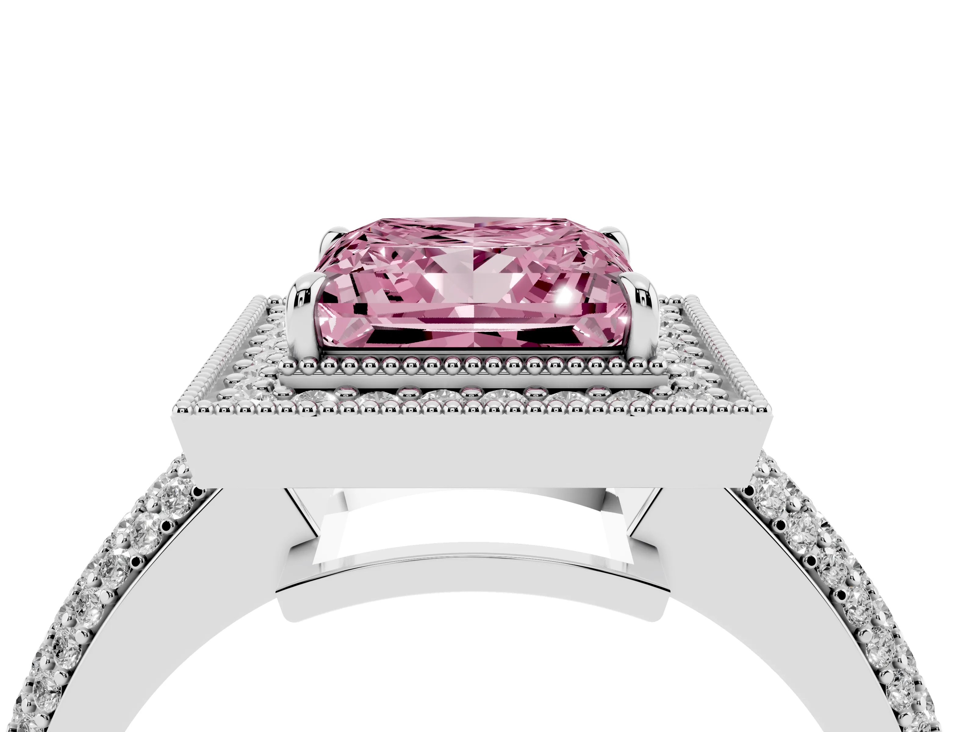 Fancy Pink Princess Cut Diamond Halo Pavé Band Set in White gold with Prong Setting