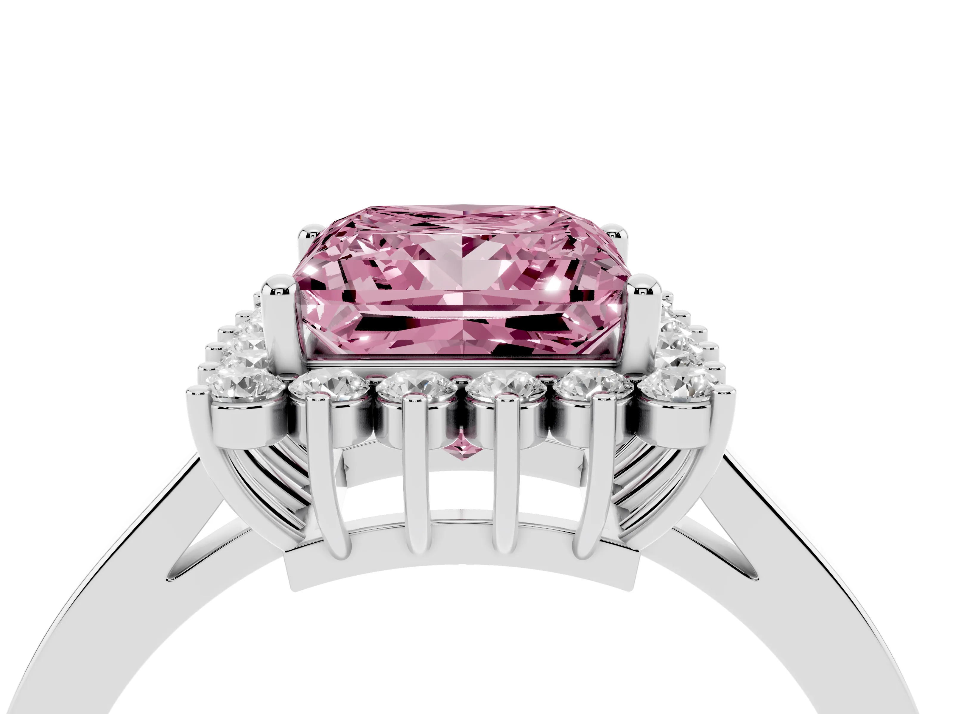 Fancy Pink Princess Cut Diamond Halo Ring Set in White gold with Round Halo and Smooth Solitaire Band