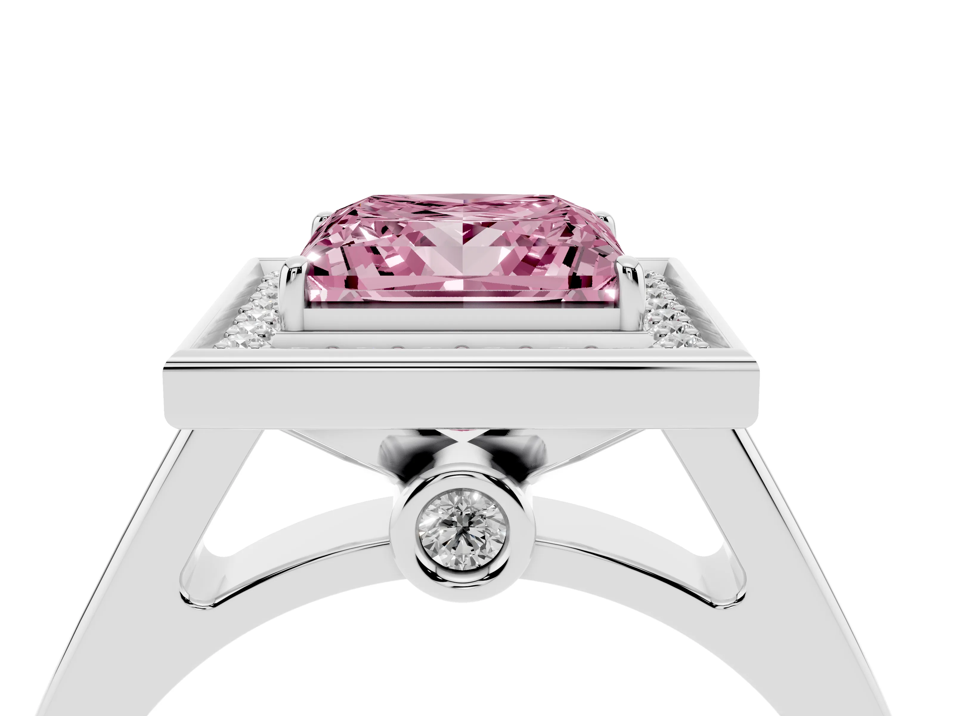 Fancy Pink Princess Cut Diamond Halo Solitaire Ring Set in Platinum with Pavé Band and Bezel Setting