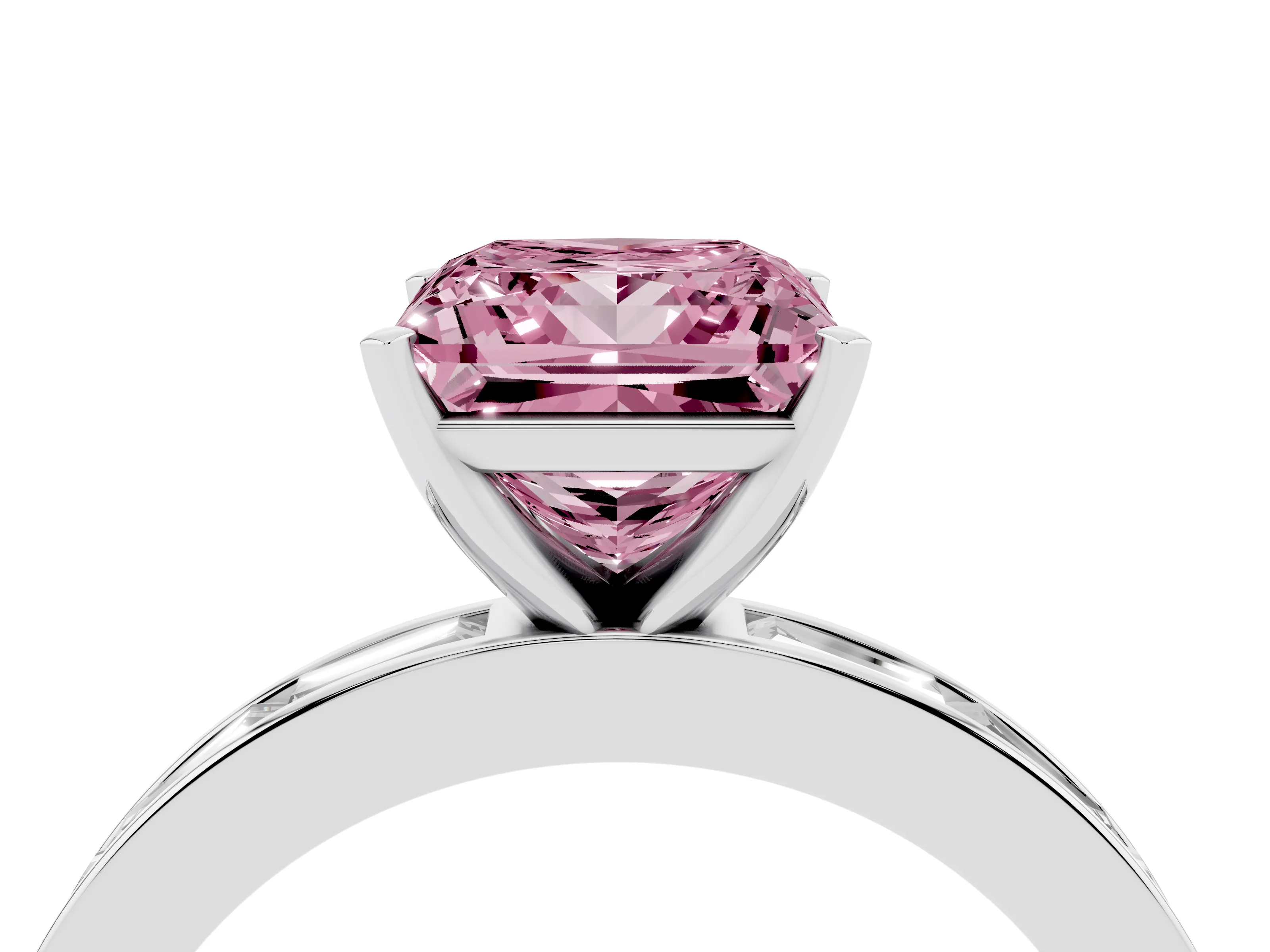Fancy Pink Princess Cut Diamond Solitaire Ring Set in Platinum with Channel-Set Baguette Band and Prong Setting