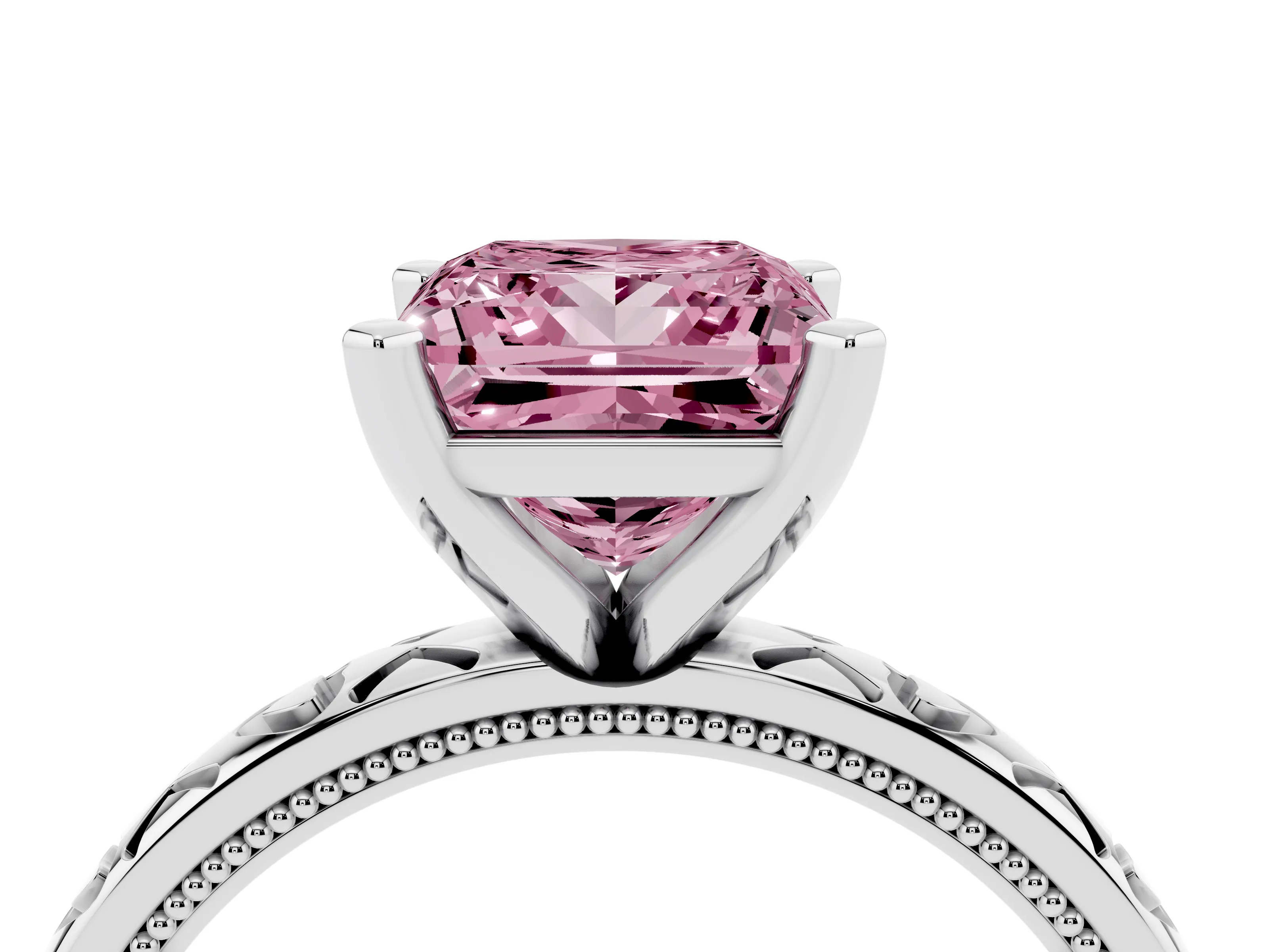 Fancy Pink Princess Cut Diamond Solitaire Engagement Ring Set in White gold with XO Engraved Band and Prong Setting