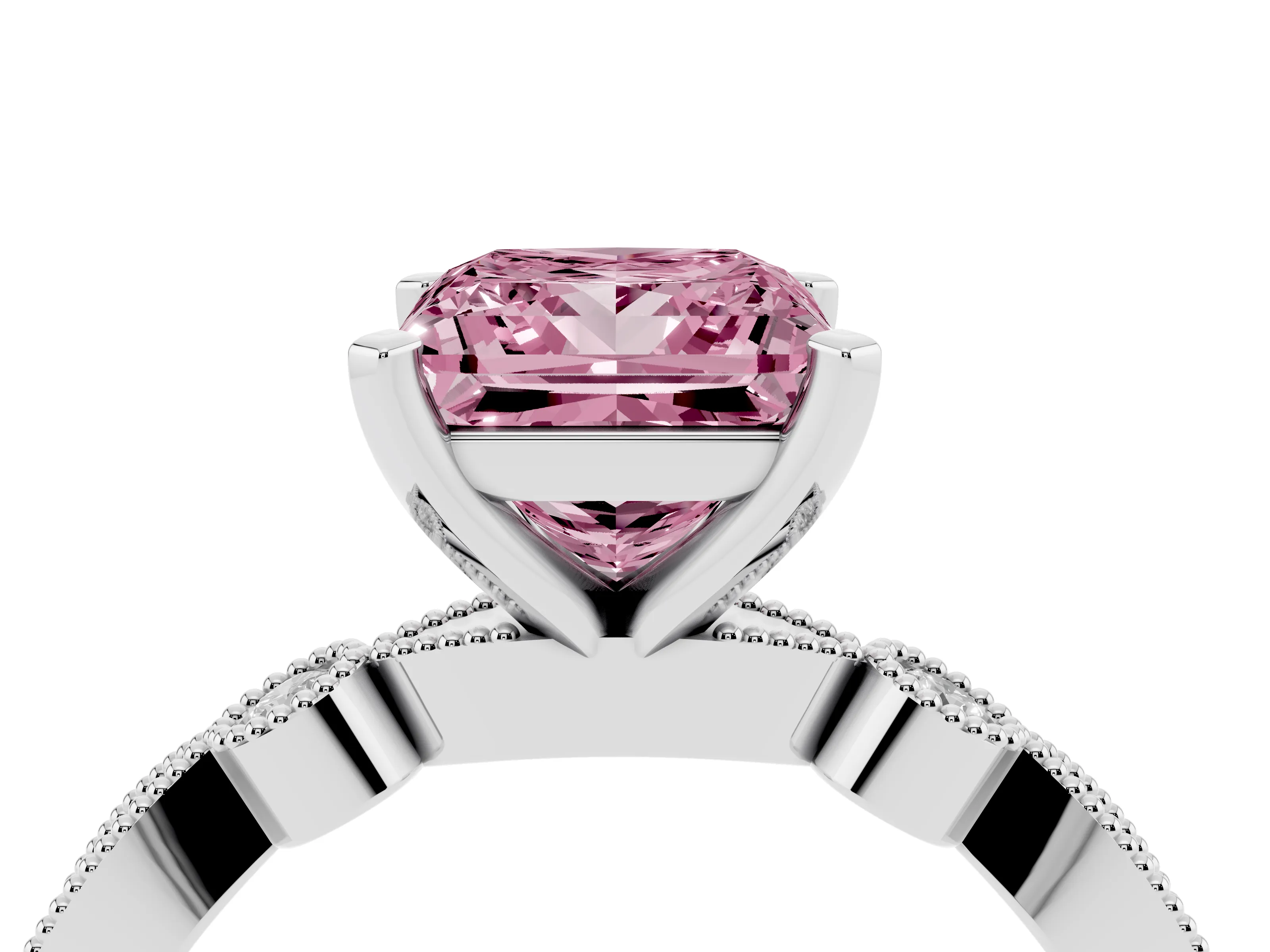 Fancy Pink Princess Cut Diamond Solitaire Engagement Ring Set in Silver with Milgrain Bezel Accent Band