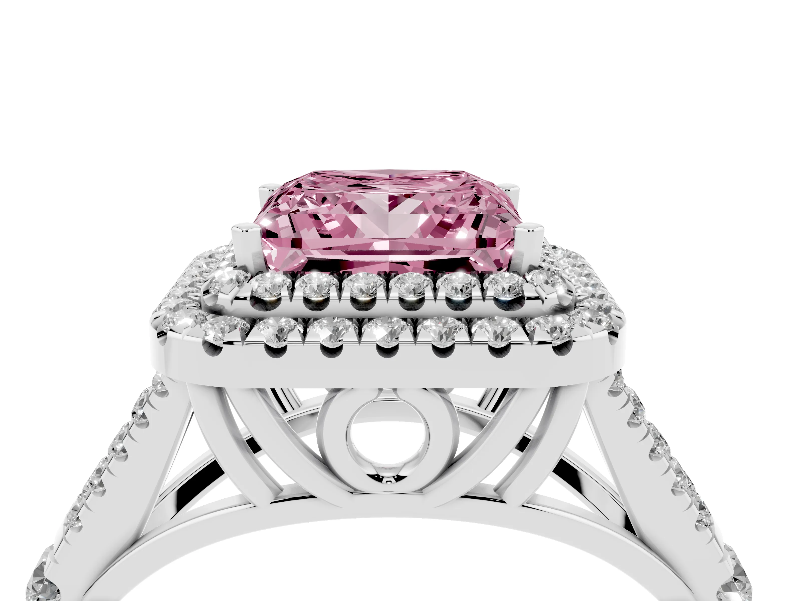 Fancy Pink Princess Cut Diamond Pavé Split Shank Double Halo Engagement Ring Set in Platinum