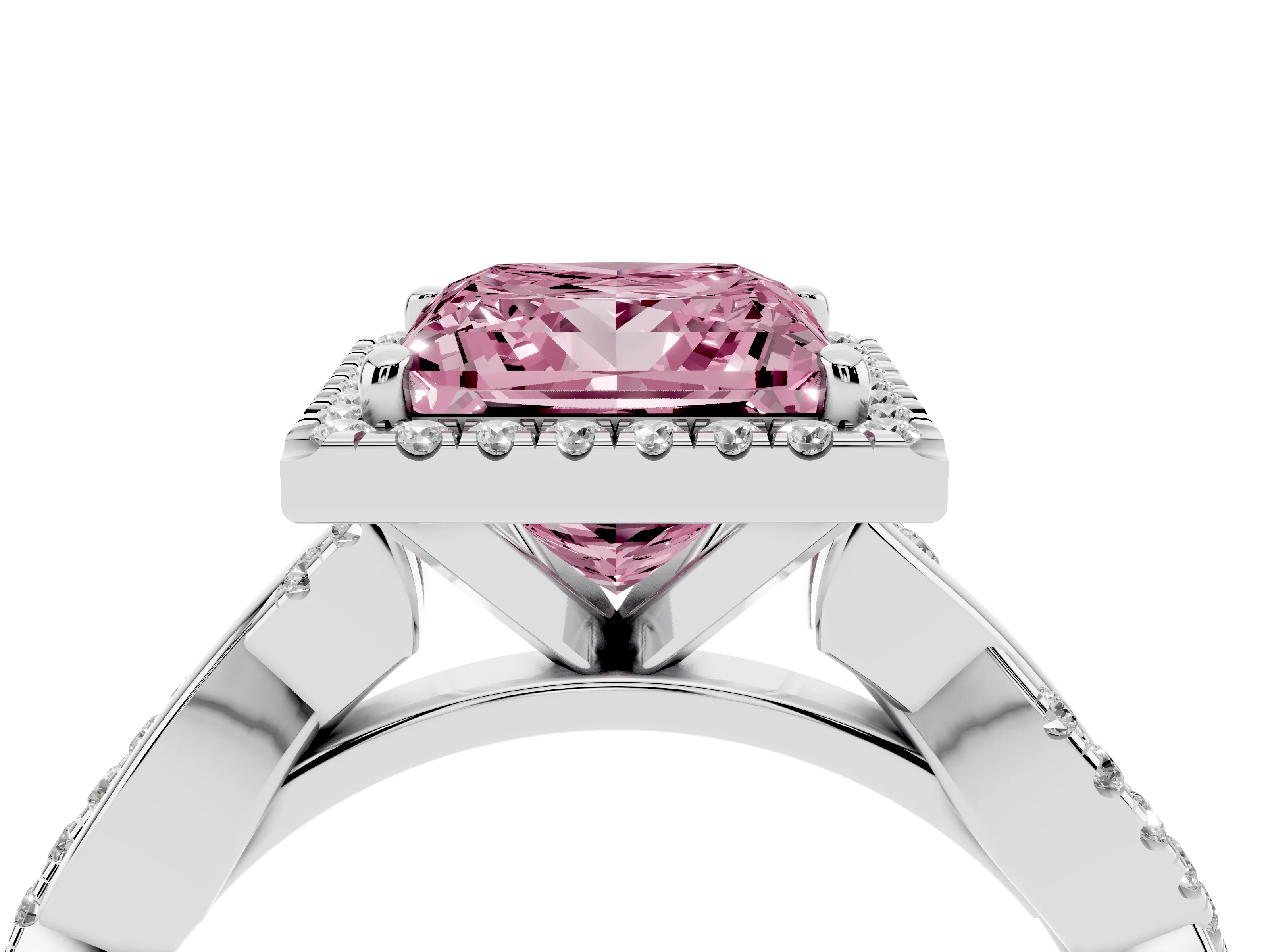 Fancy Pink Princess Cut Diamond Halo Twisted Band Ring Set in White gold with Prong Setting