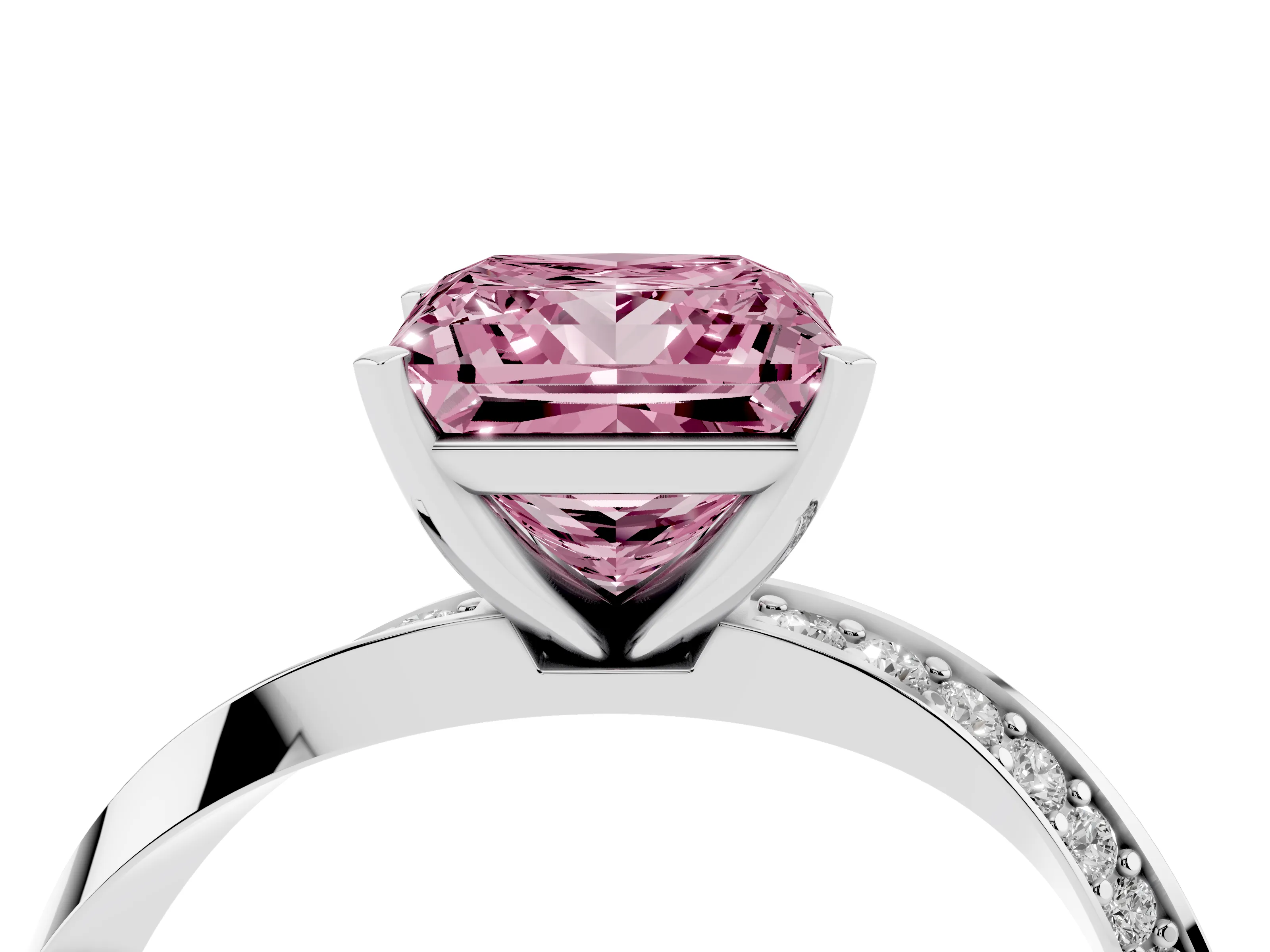 Fancy Pink Princess Cut Diamond Engagement Ring Set in Platinum with Side Stone Accents and Prong Setting