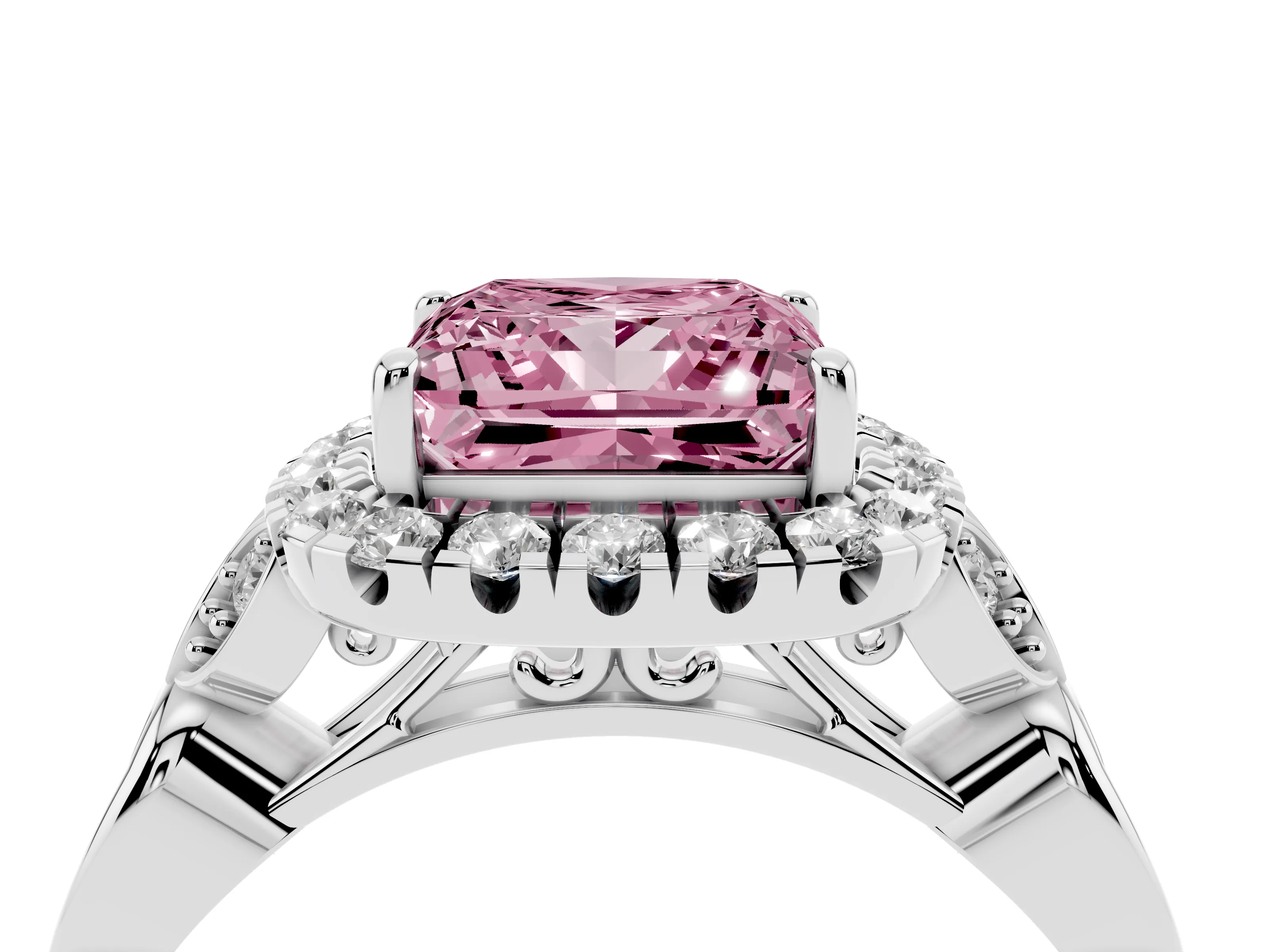 Fancy Pink Princess Cut Diamond Halo Engagement Ring Set in Platinum with Vintage-Inspired Band and Prong Setting