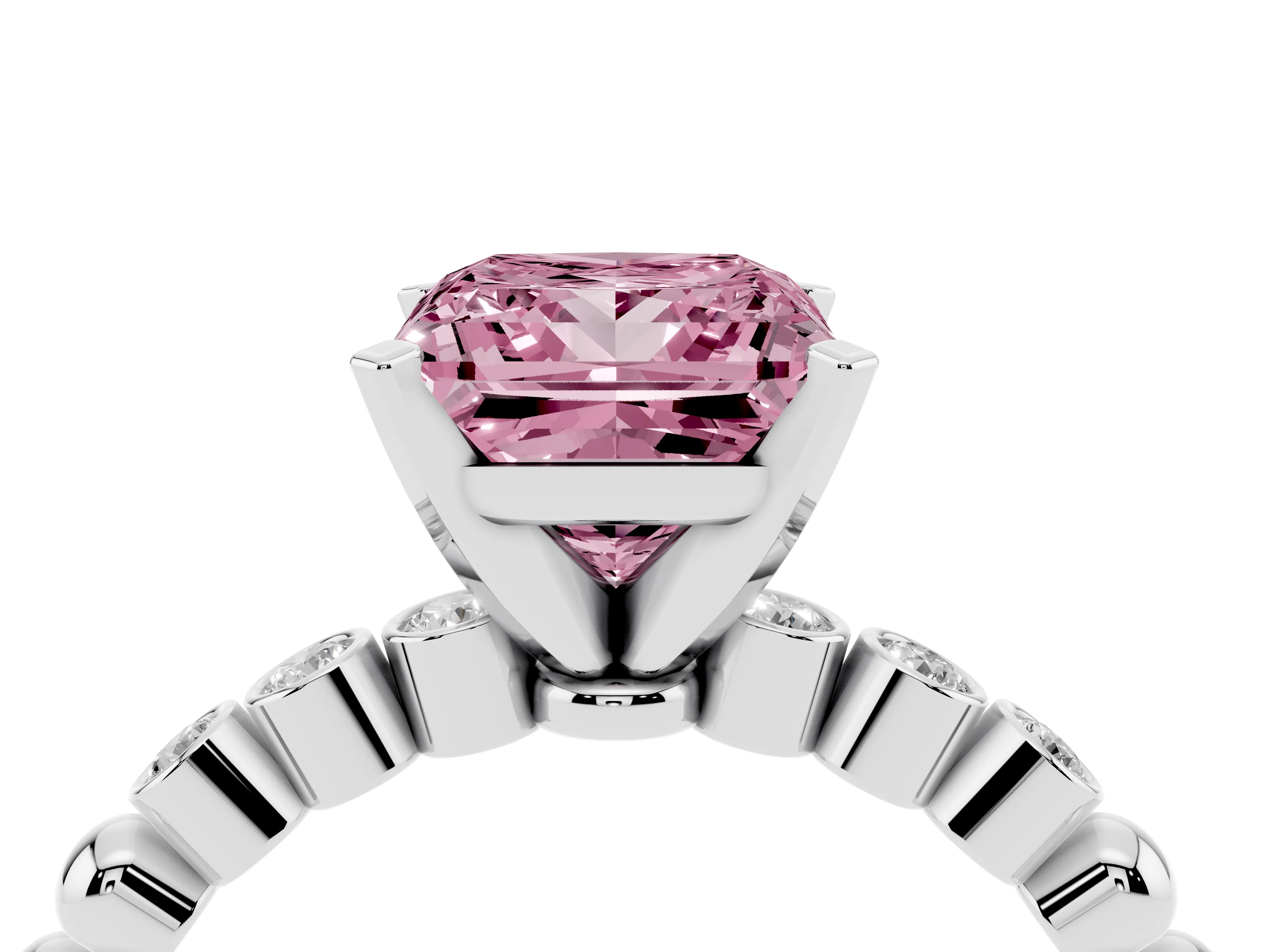 Fancy Pink Princess Cut Diamond Solitaire Engagement Ring Set in Silver with Bezel Accents on Beaded Band