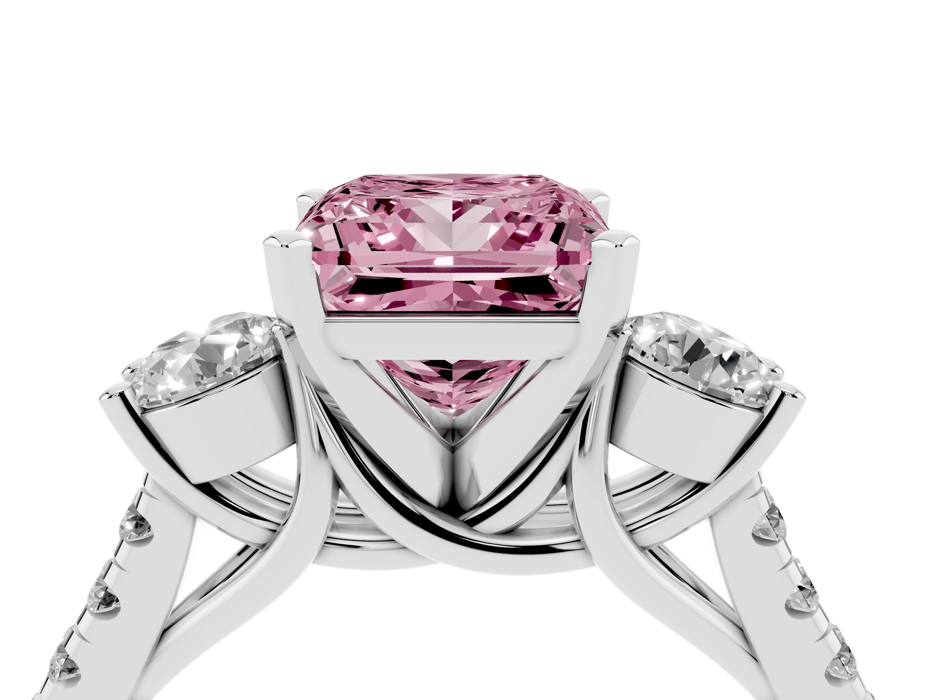 Fancy Pink Three-Stone Princess Cut Diamond Pavé Band Ring Set in Platinum with Prong-Set Trio