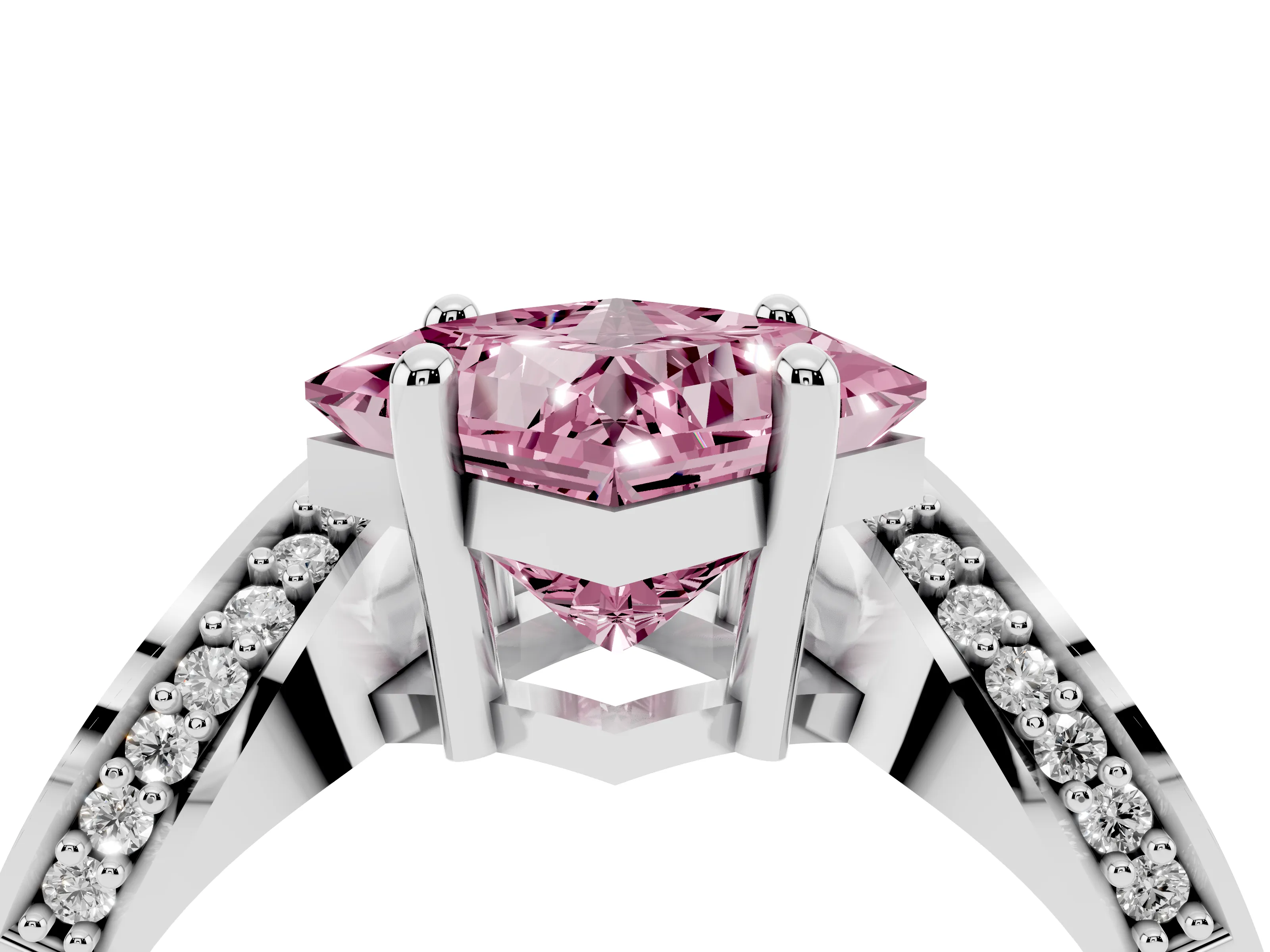Fancy Pink Princess Cut Diamond Solitaire Engagement Ring Set in Silver with Pavé Shoulders