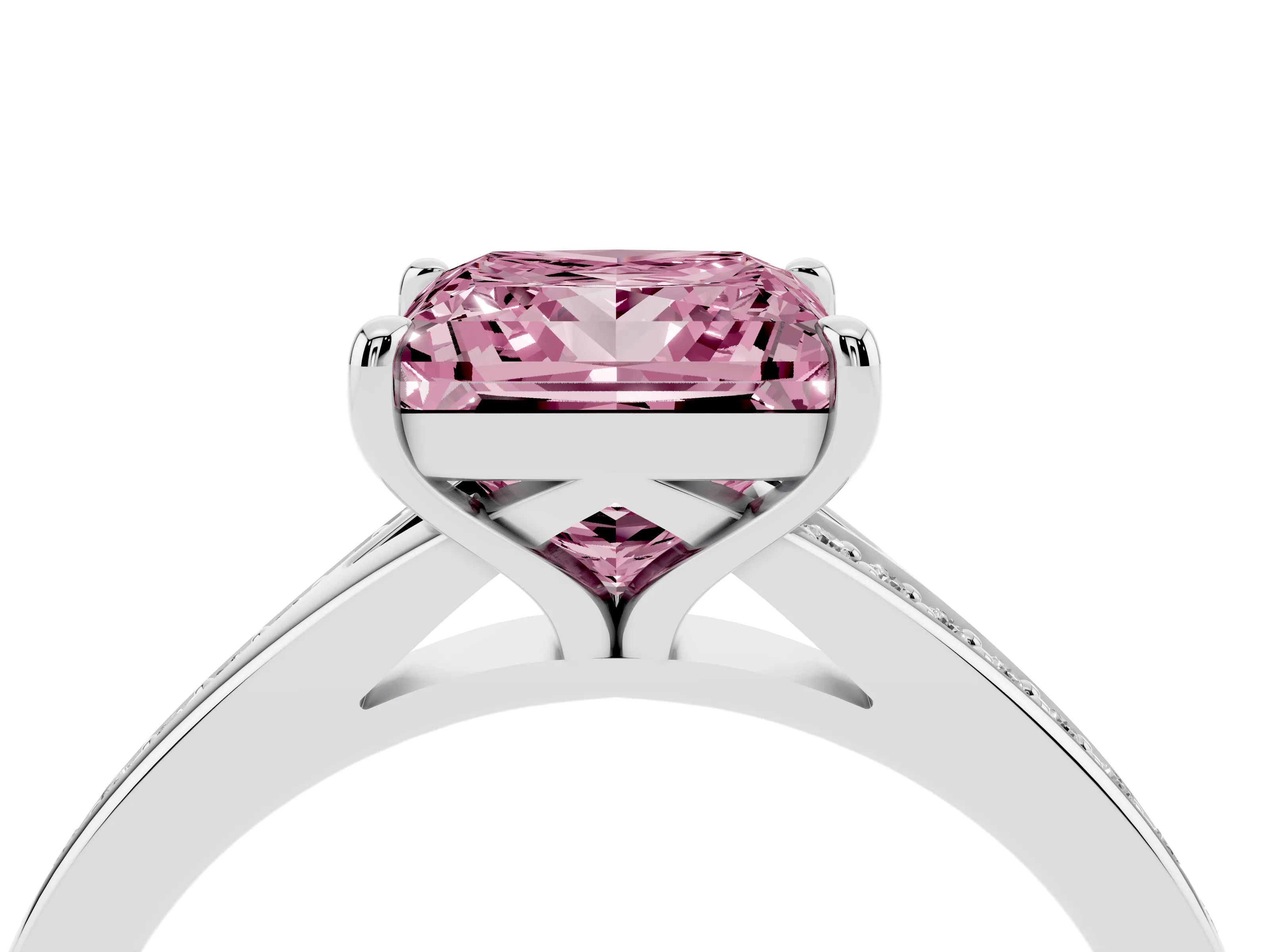 Fancy Pink Princess Cut Diamond Solitaire Ring Set in Platinum with Pavé Accent Band and Classic Prong Setting