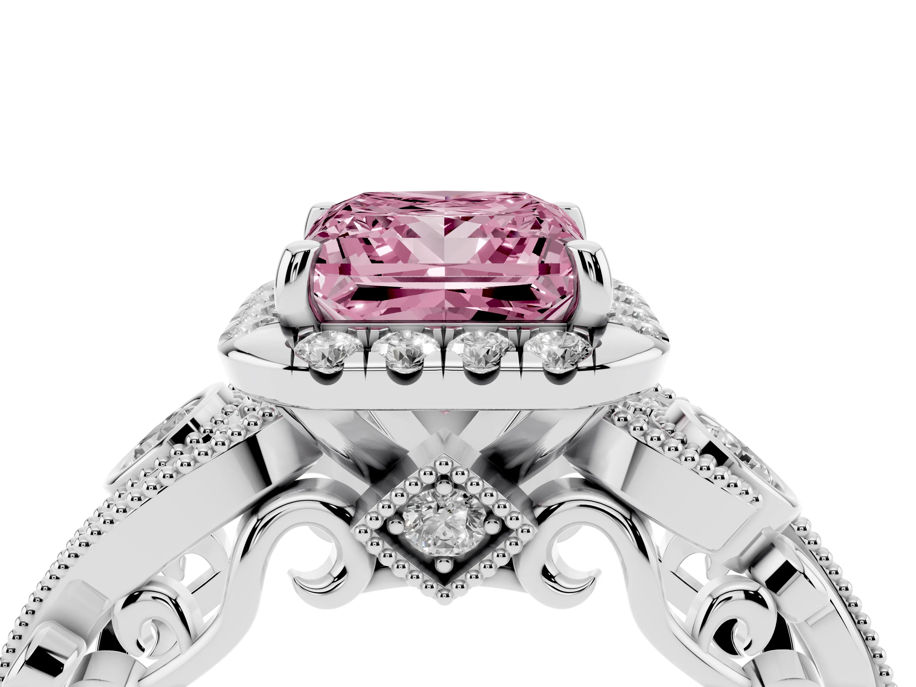 Fancy Pink Princess Cut Diamond Halo Ring Set in Platinum with Milgrain Pavé Band and Prong Setting