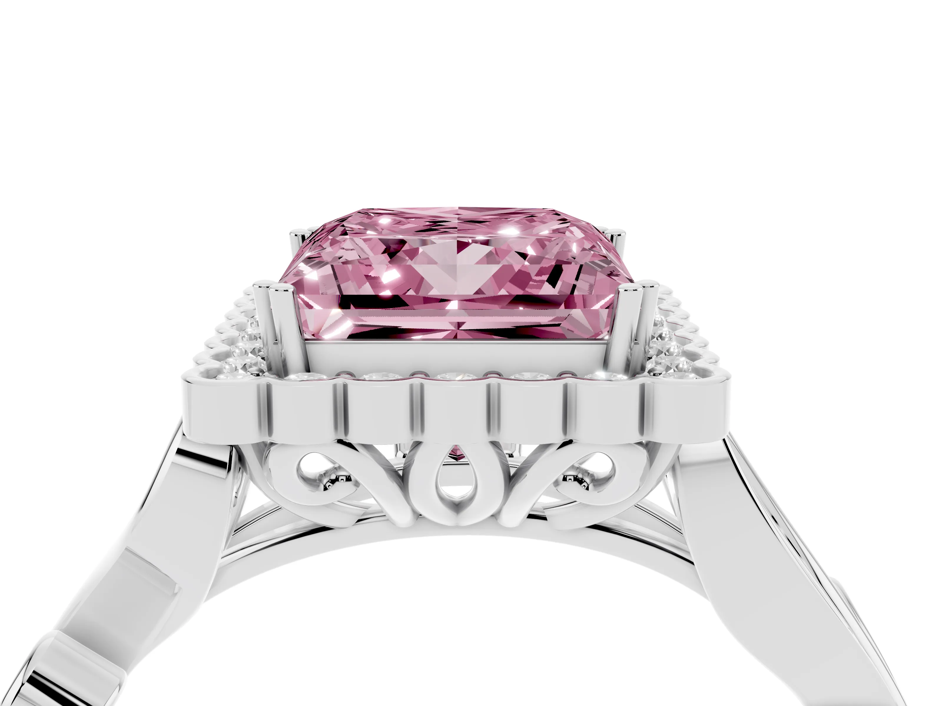 Fancy Pink Princess Cut Diamond Halo Ring Set in White gold with Leaf Motif Split Shank and Prong Setting