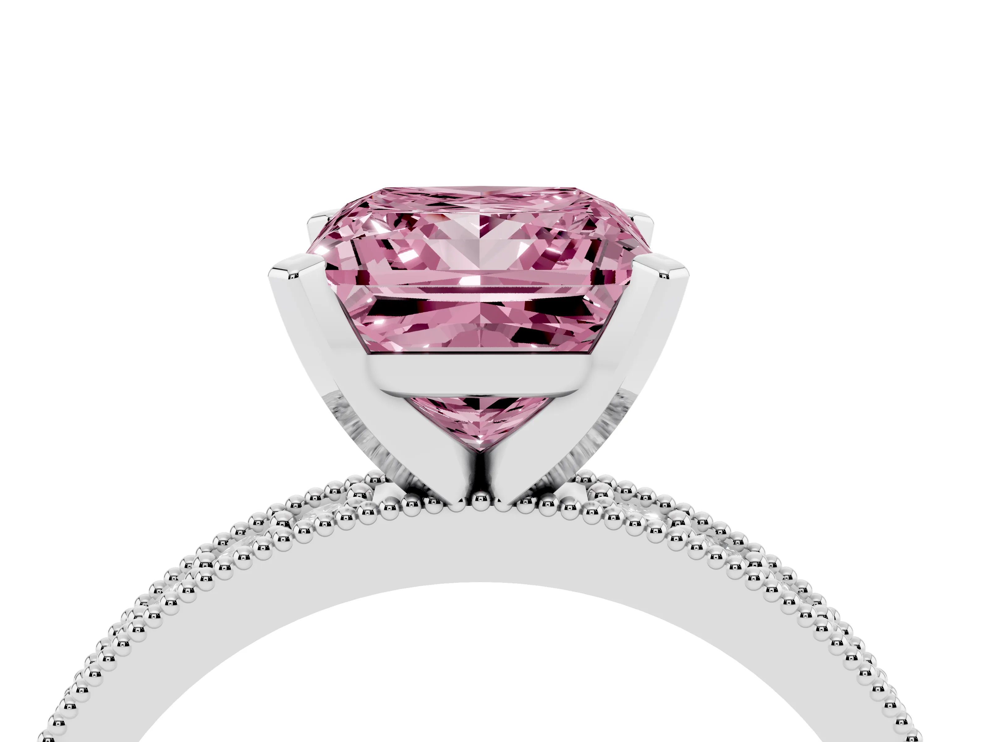Fancy Pink Princess Cut Diamond Milgrain Pavé Engagement Ring Set in Silver with Prong Setting
