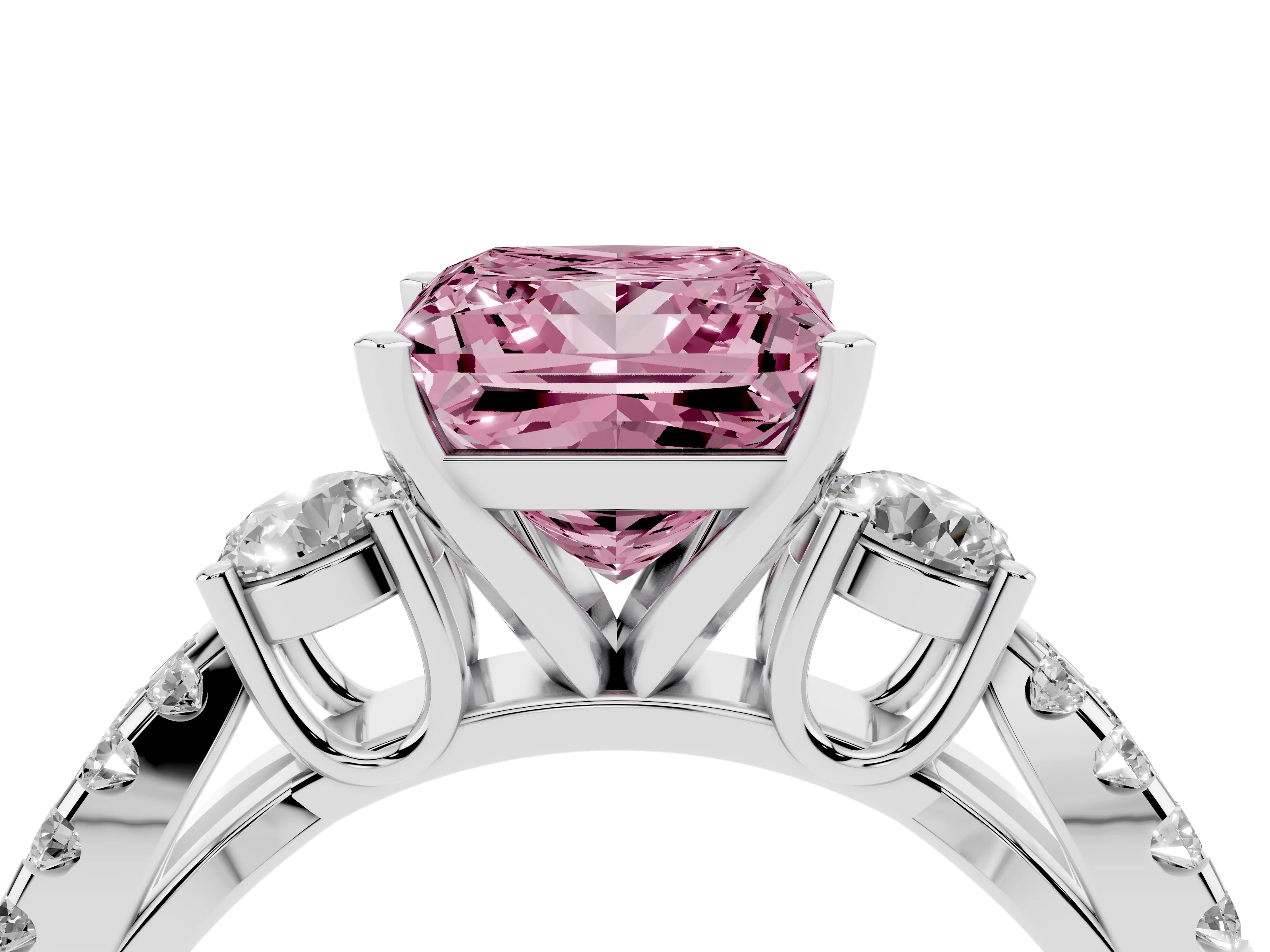 Fancy Pink Princess Cut Diamond Three-Stone Ring Set in White gold with Pavé Split Shank and Prong Setting