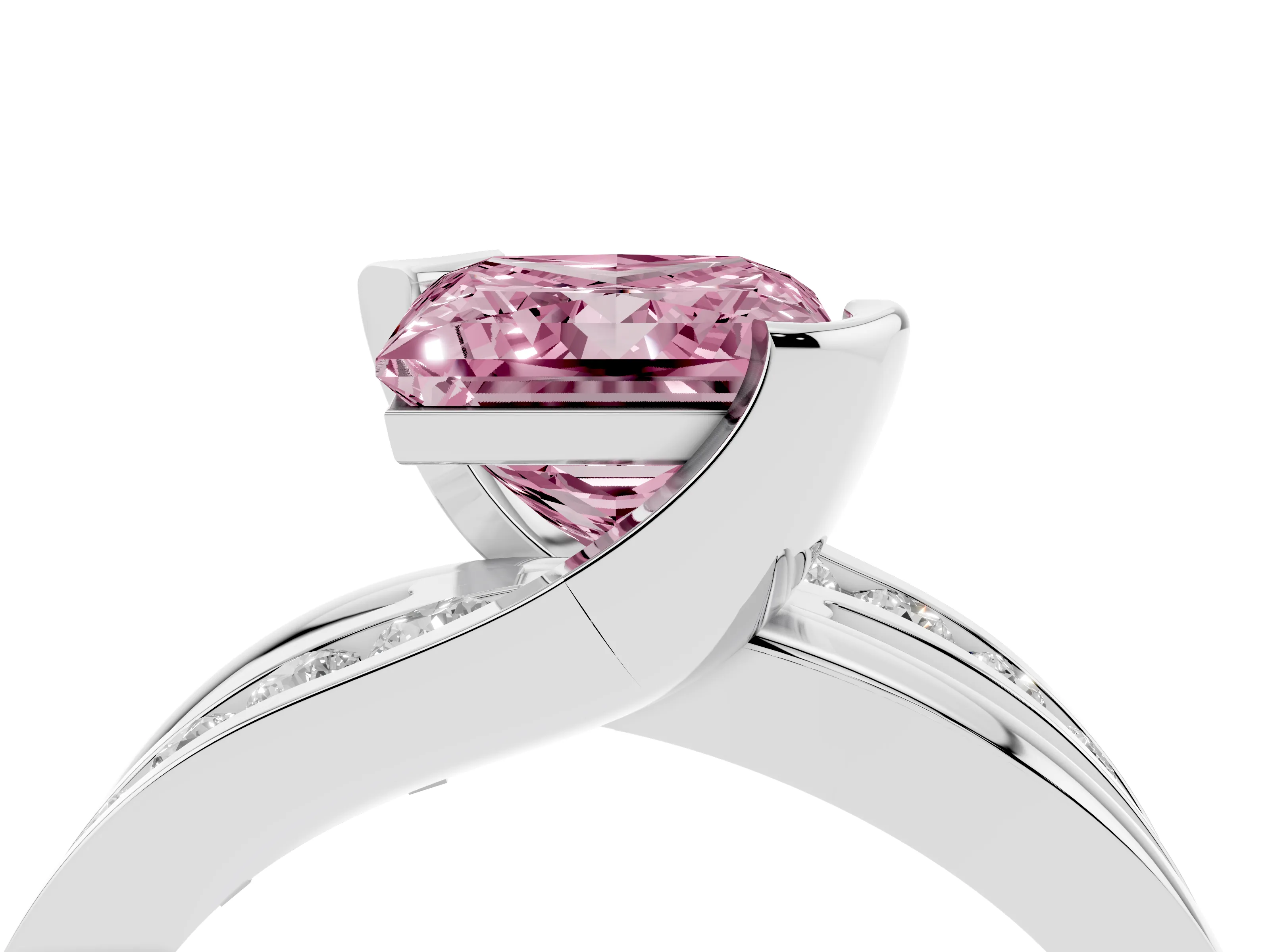 Fancy Pink Princess Cut Diamond Solitaire Ring Set in Silver with Channel Set Split Shank and Tension Prongs
