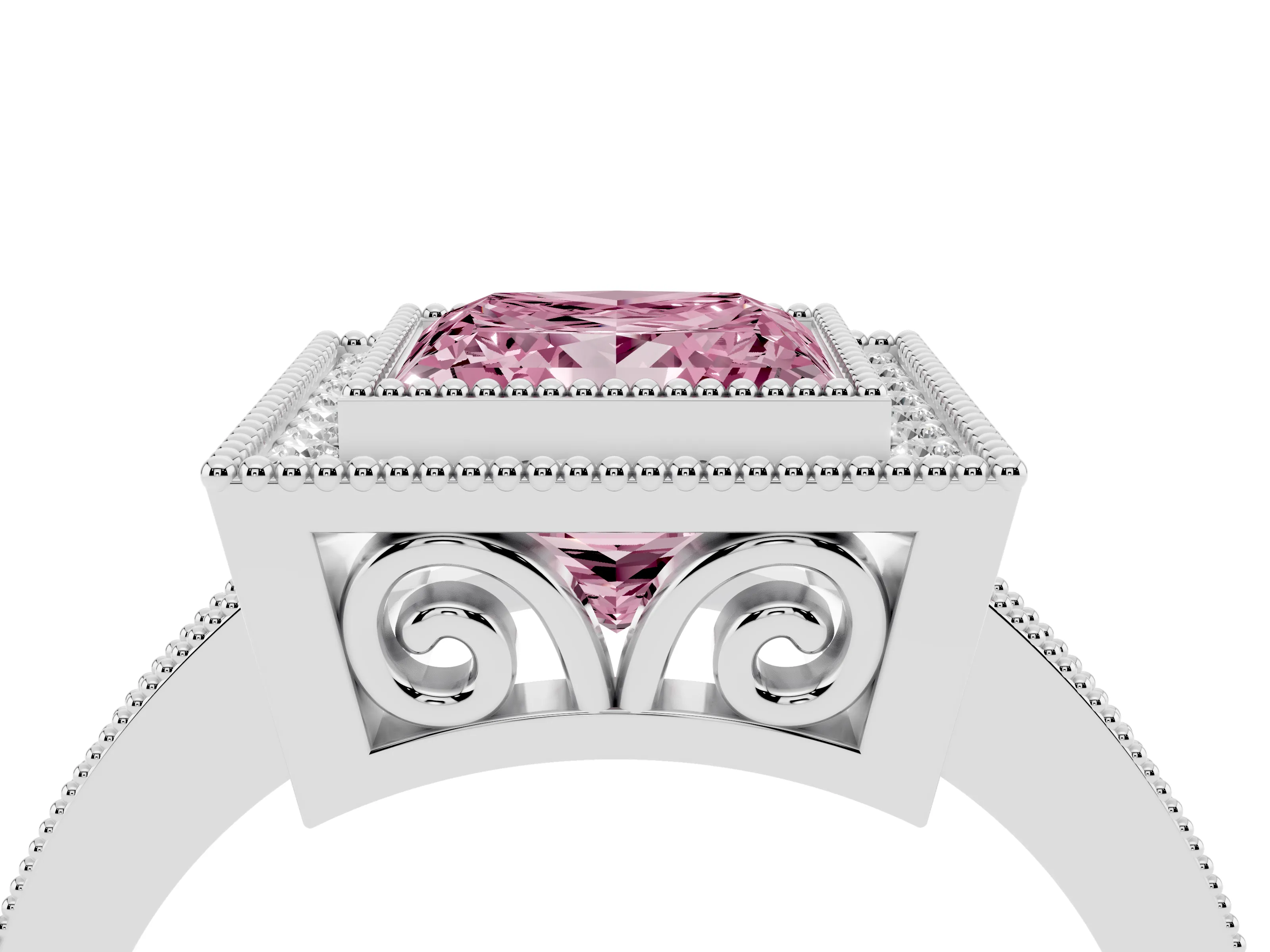 Fancy Pink Princess Cut Diamond Halo Ring Set in White gold with Pavé Band and Milgrain-Edged Prongs