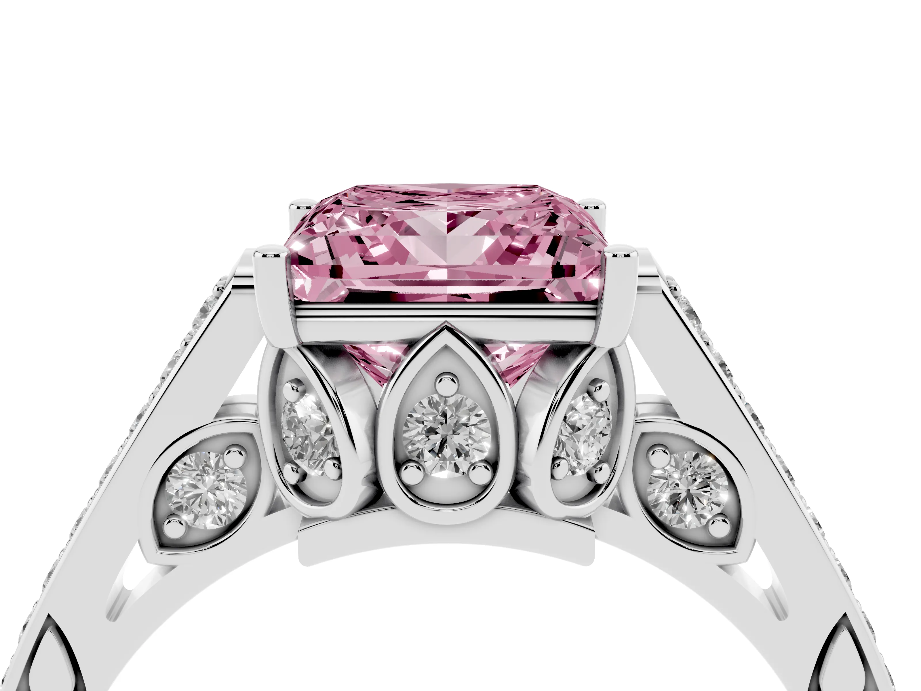 Fancy Pink Princess Cut Diamond Cathedral Pavé Engagement Ring Set in White gold with Prong Setting