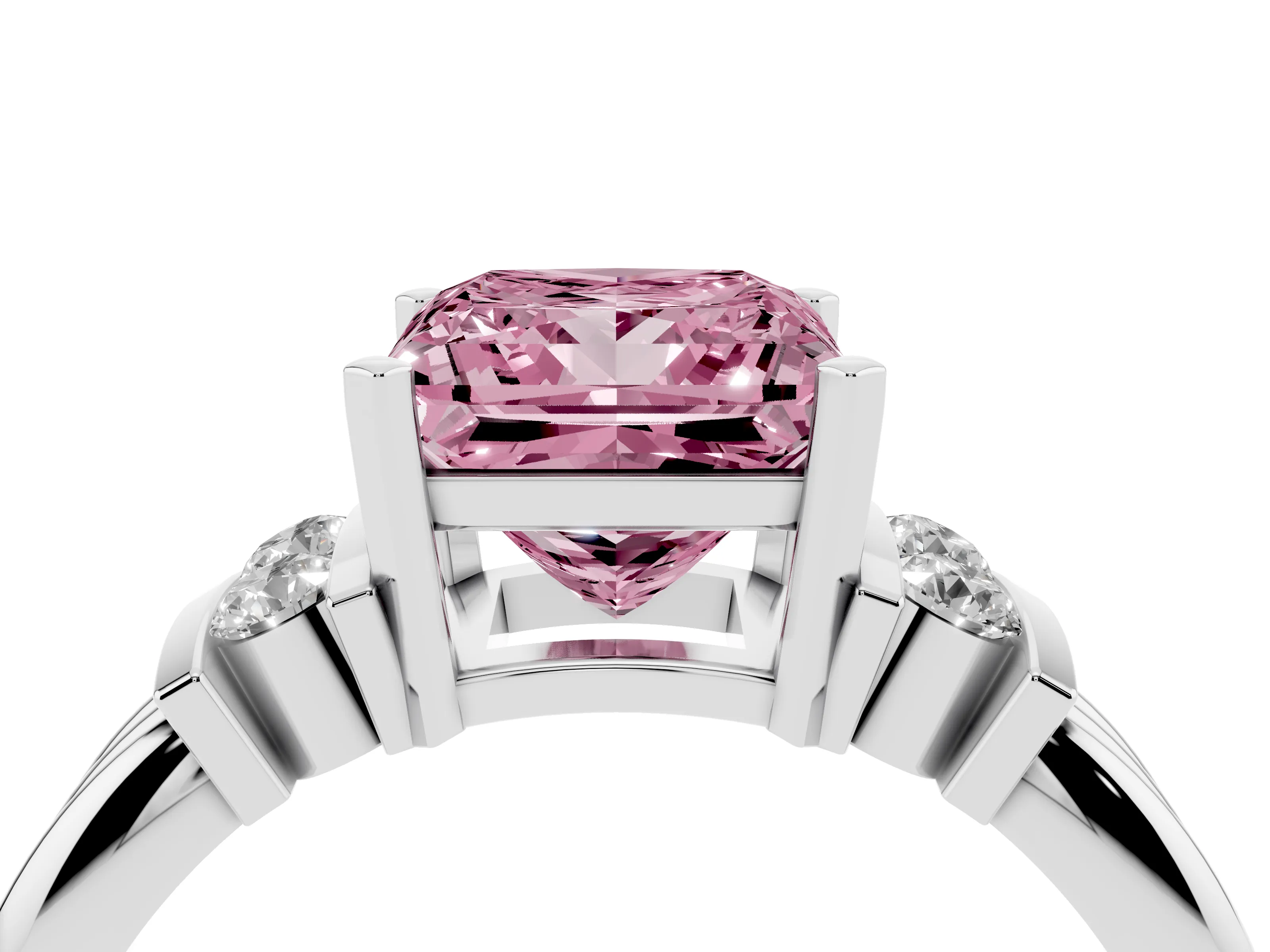 Fancy Pink Three-Stone Princess Cut Diamond Channel Set Ring Set in Platinum with Bar Prongs
