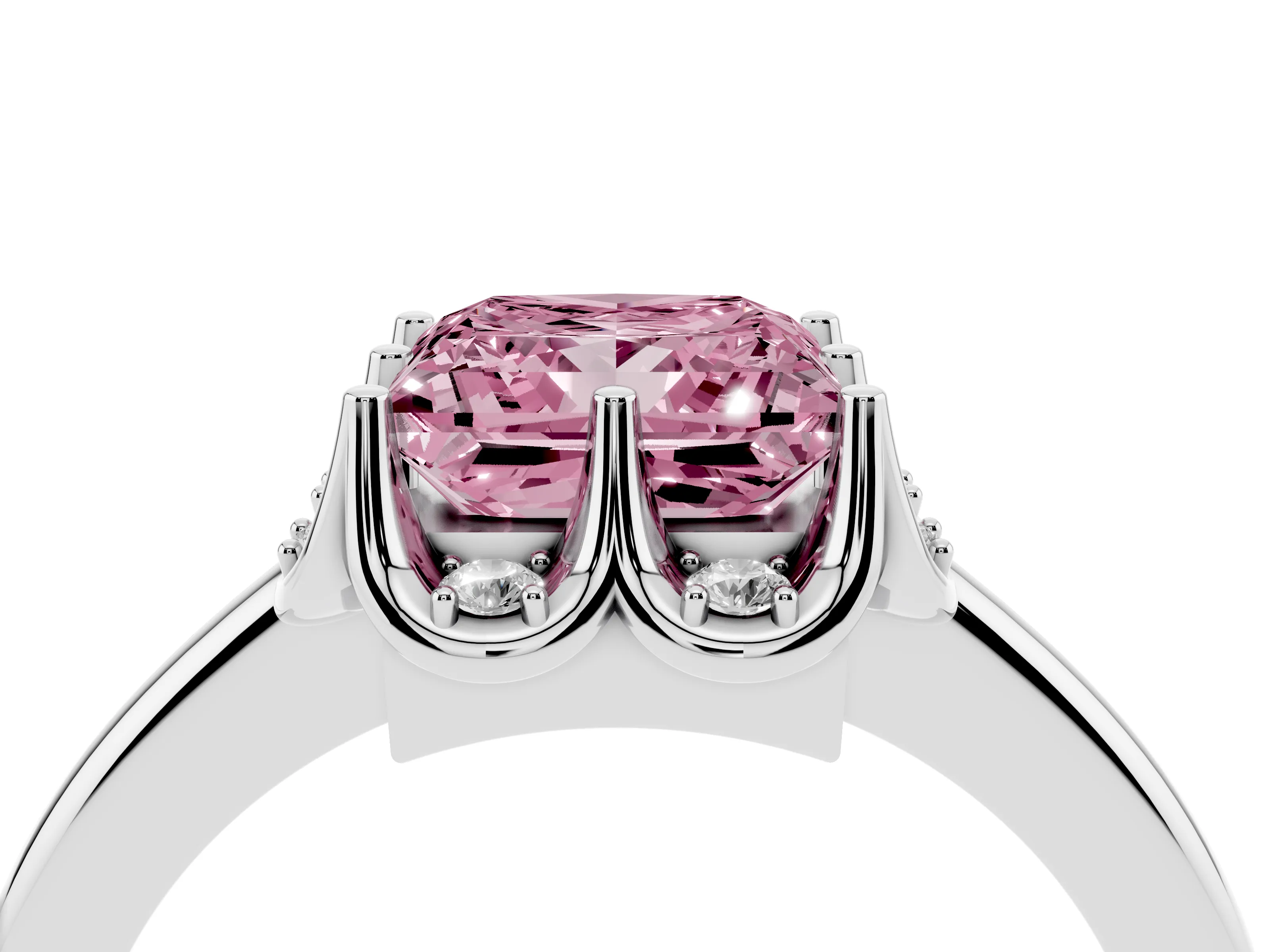 Fancy Pink Princess Cut Diamond Round Cluster Halo Ring Set in Silver with Solitaire Band and Prong Setting