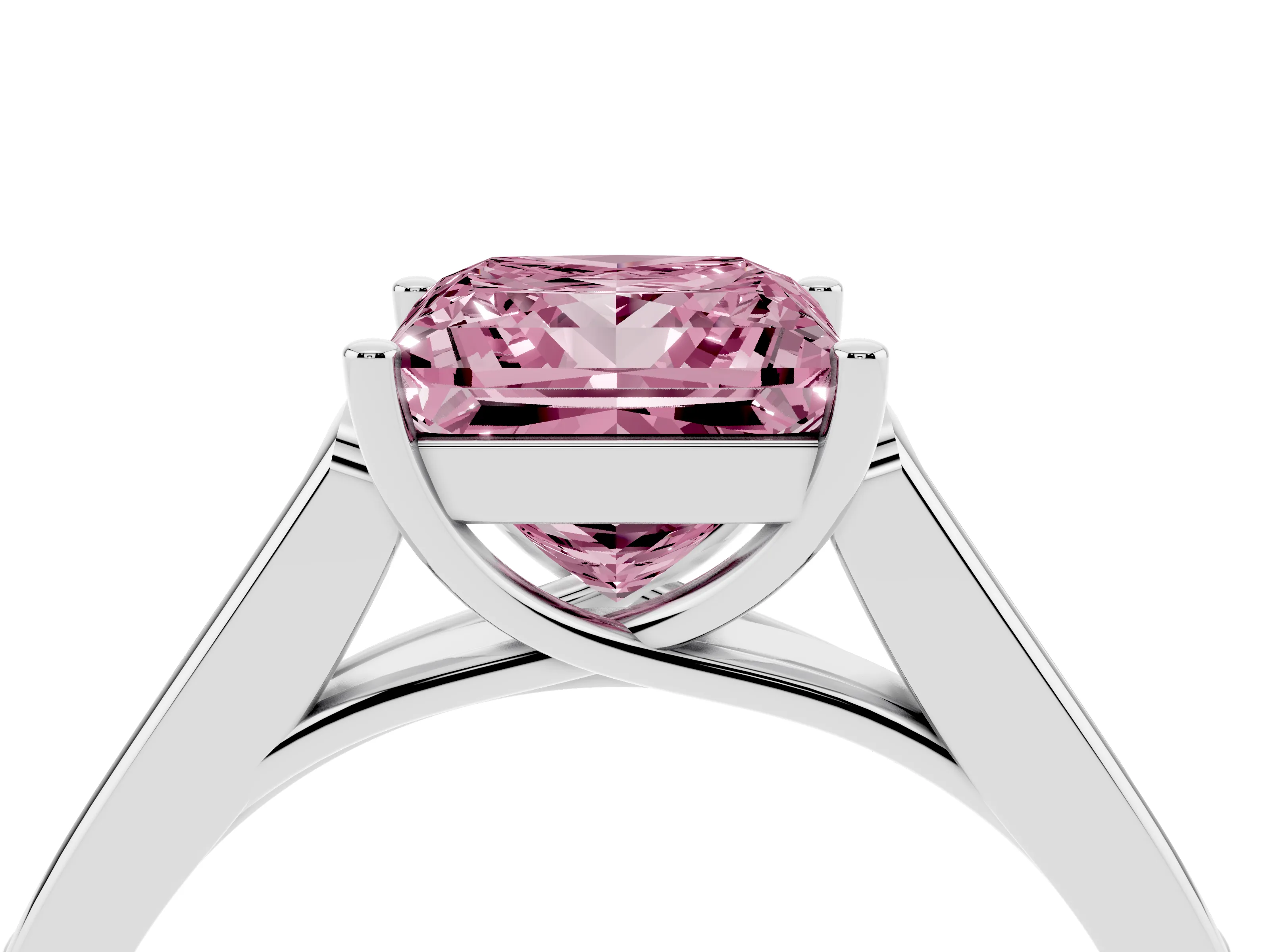 Fancy Pink Princess Cut Diamond Solitaire Cathedral Engagement Ring Set in White gold with Channel-Set Band and Prong Setting