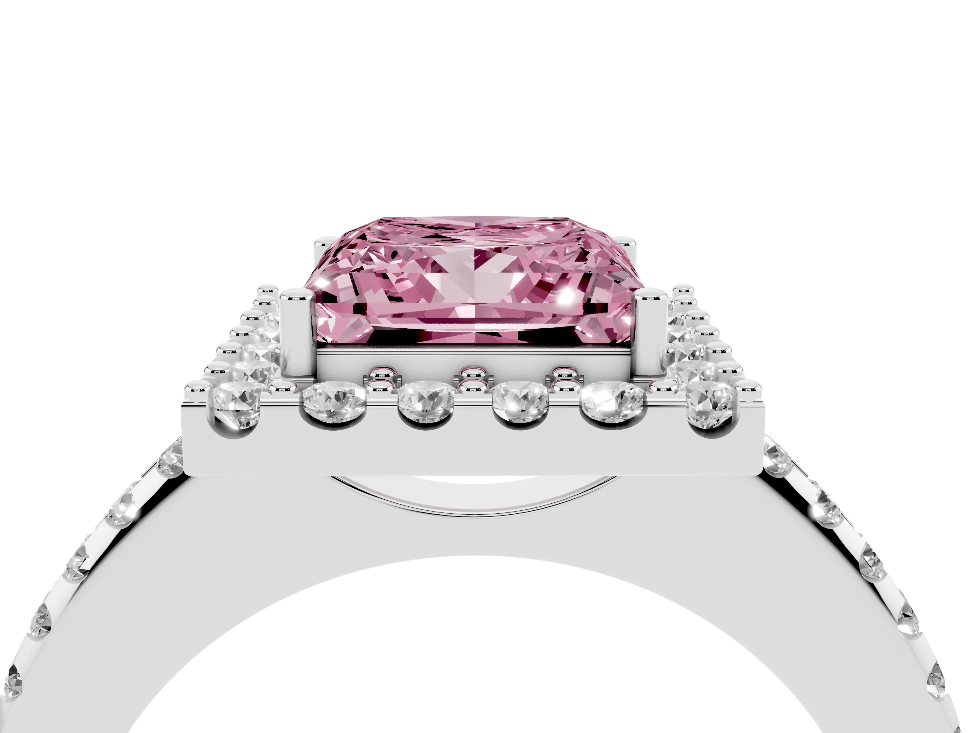 Fancy Pink Princess Cut Diamond Pavé Halo Ring Set in Platinum with Prong Setting