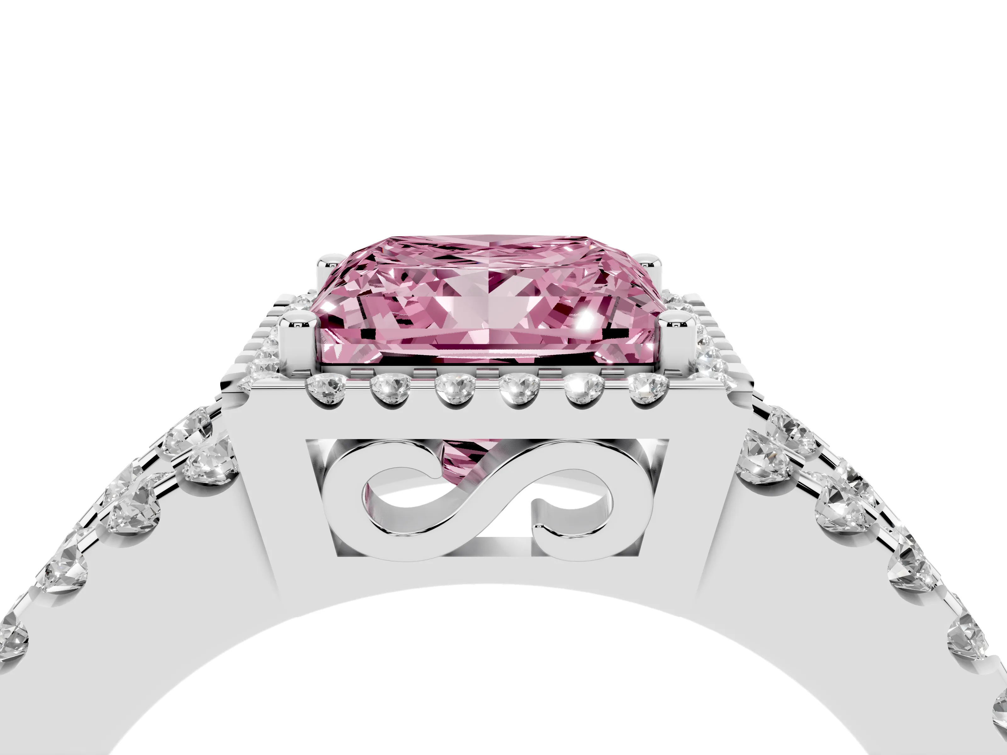 Fancy Pink Princess Cut Diamond Halo Ring Set in Silver with Pavé Split Shank and Prong Setting