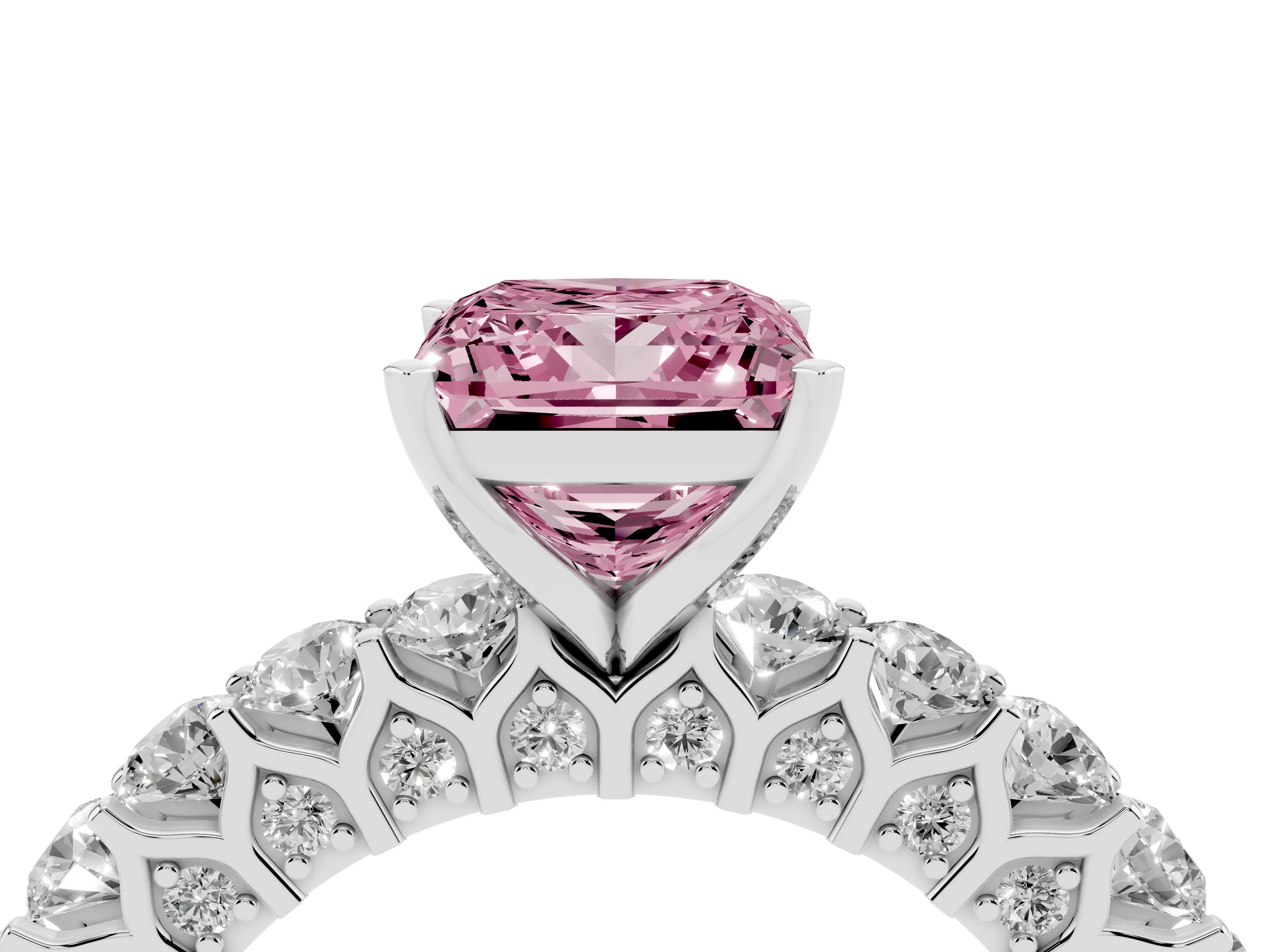 Fancy Pink Princess Cut Diamond Solitaire Ring Set in Platinum with Shared Prong Pavé Band