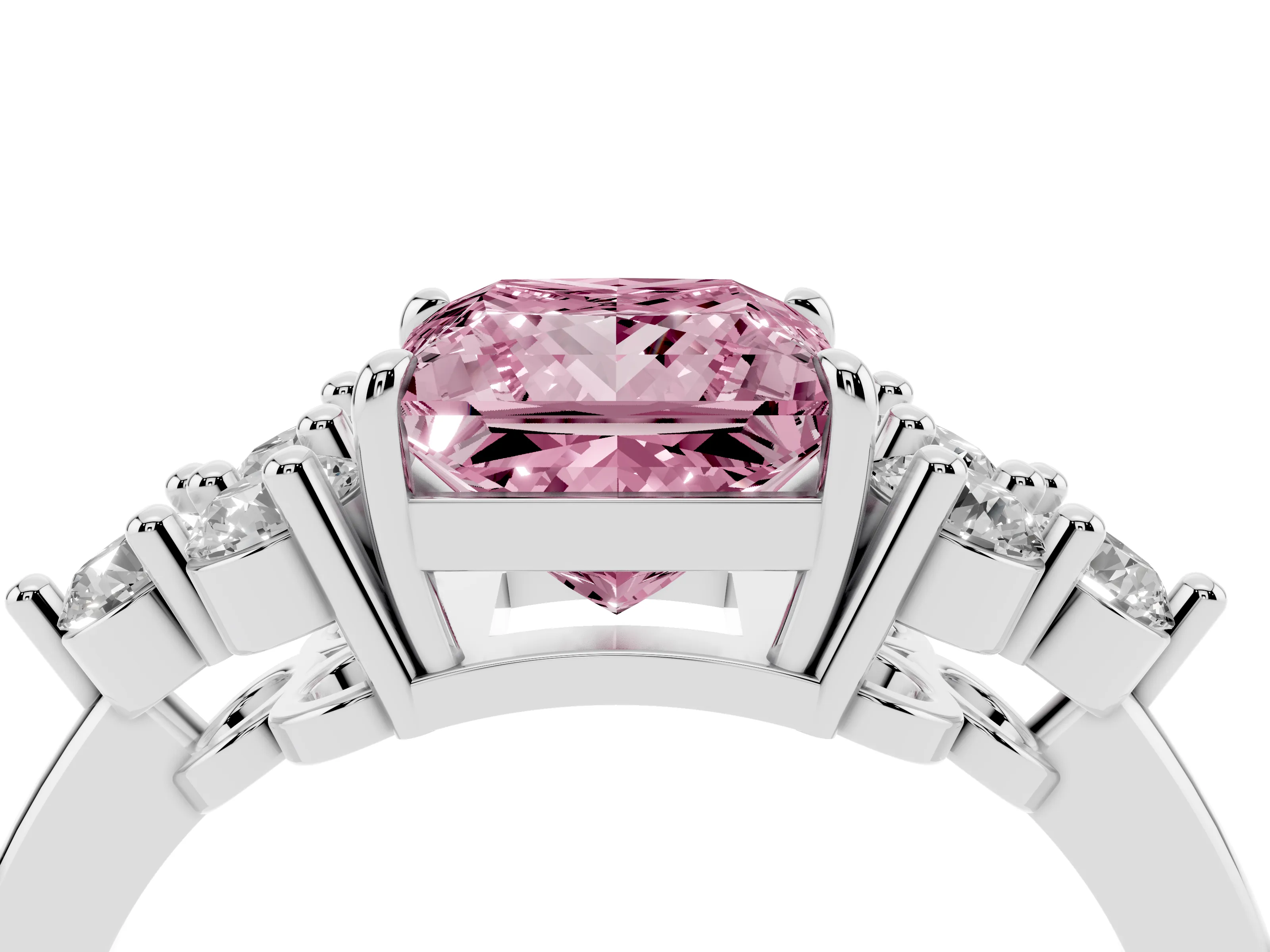 Fancy Pink Princess Cut Diamond Solitaire Ring Set in Platinum with Cluster Accents on Each Side