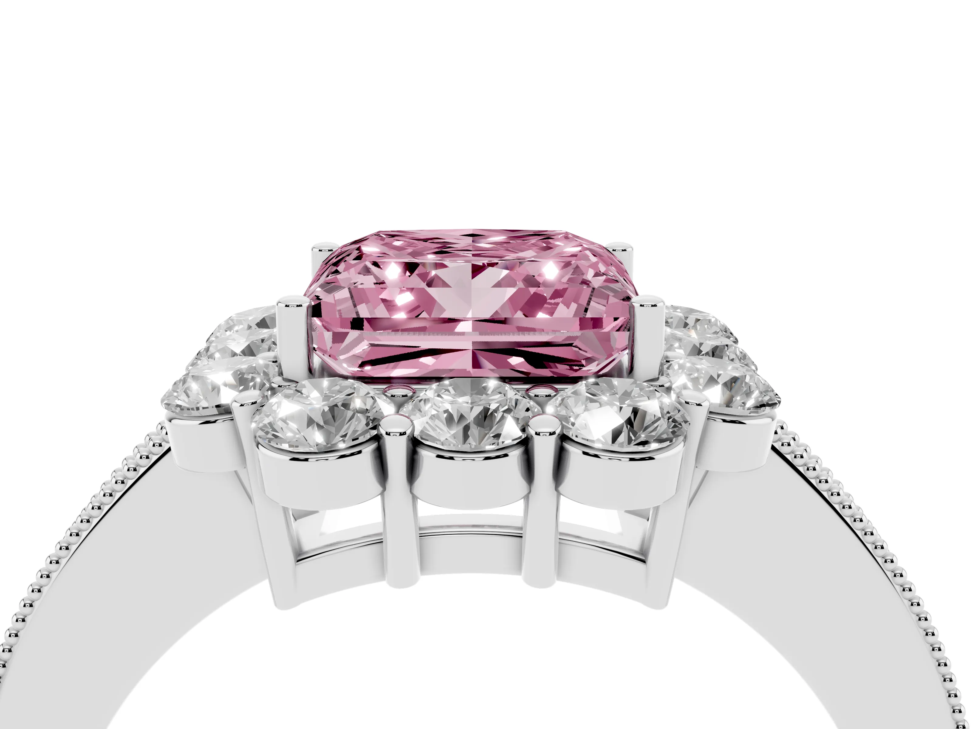 Fancy Pink Princess Cut Diamond Halo Pavé Engagement Ring Set in White gold with Milgrain Detailing
