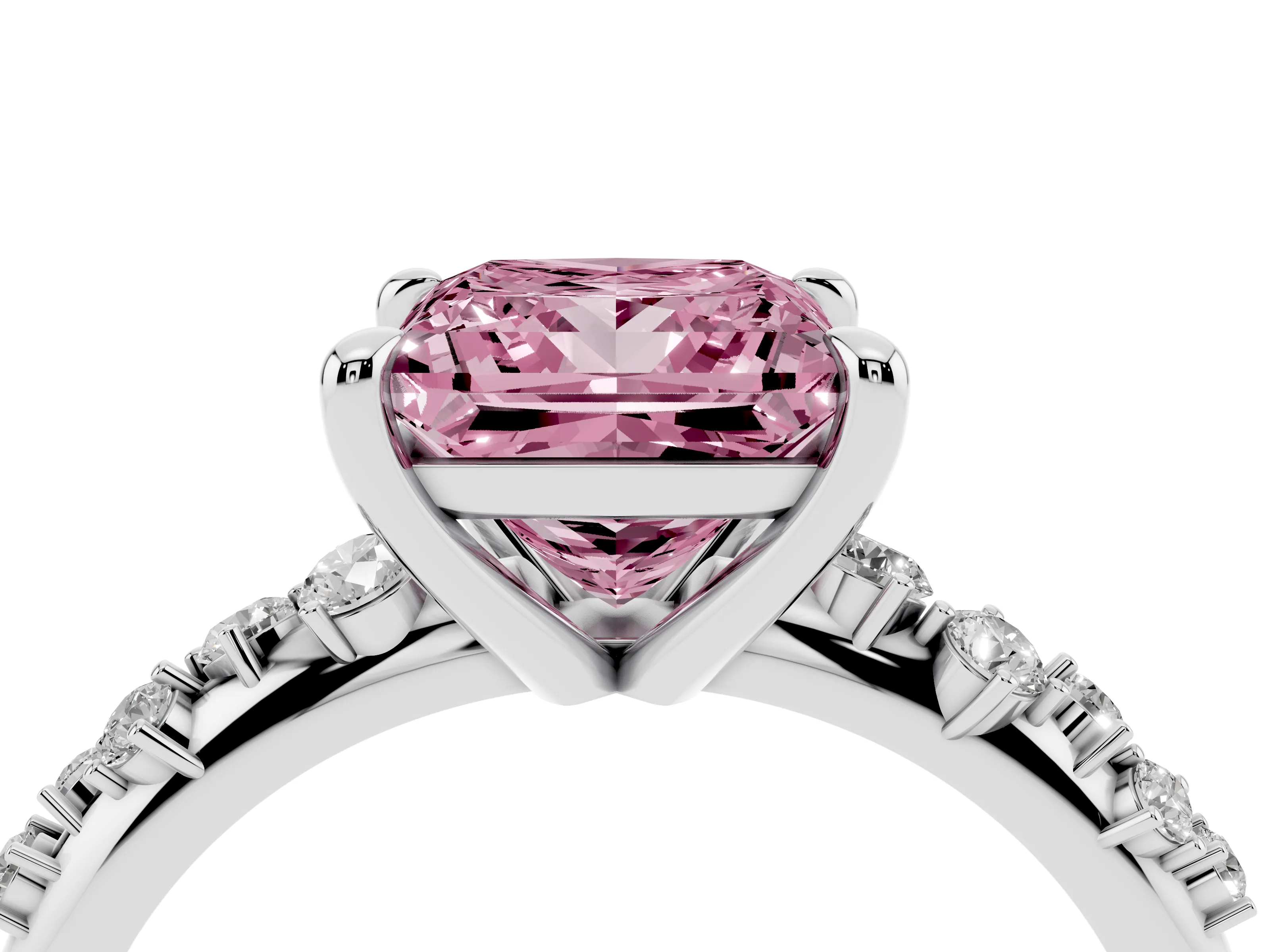 Fancy Pink Princess Cut Diamond Solitaire Vine Band Ring Set in Platinum with Round Accents and Prong Setting