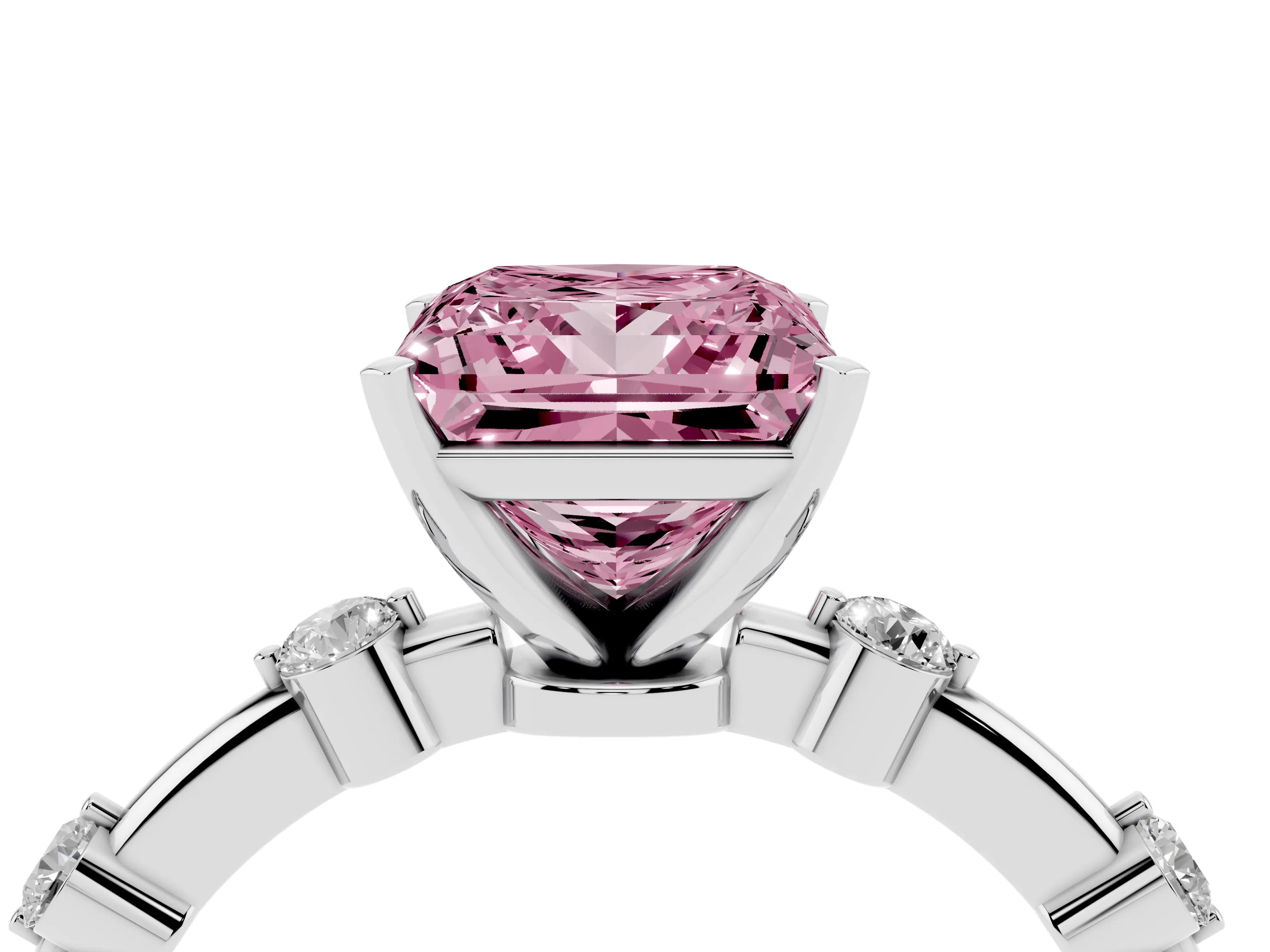 Fancy Pink Princess Cut Diamond Solitaire Ring Set in Silver with Bezel Set Side Stones and Prong Setting