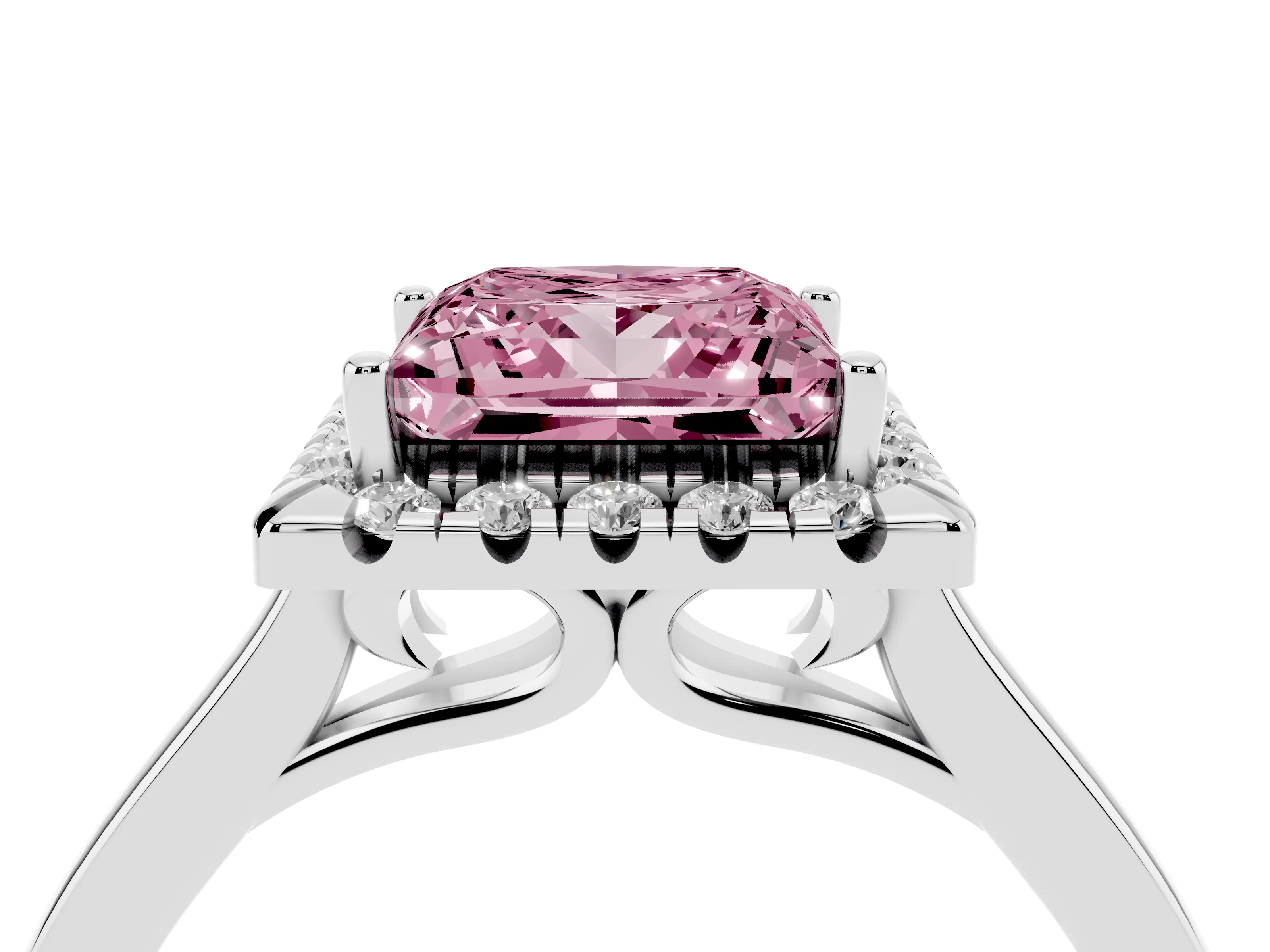 Fancy Pink Princess Cut Halo Round Diamond Solitaire Ring Set in Platinum with Pavé Band and Prong Setting